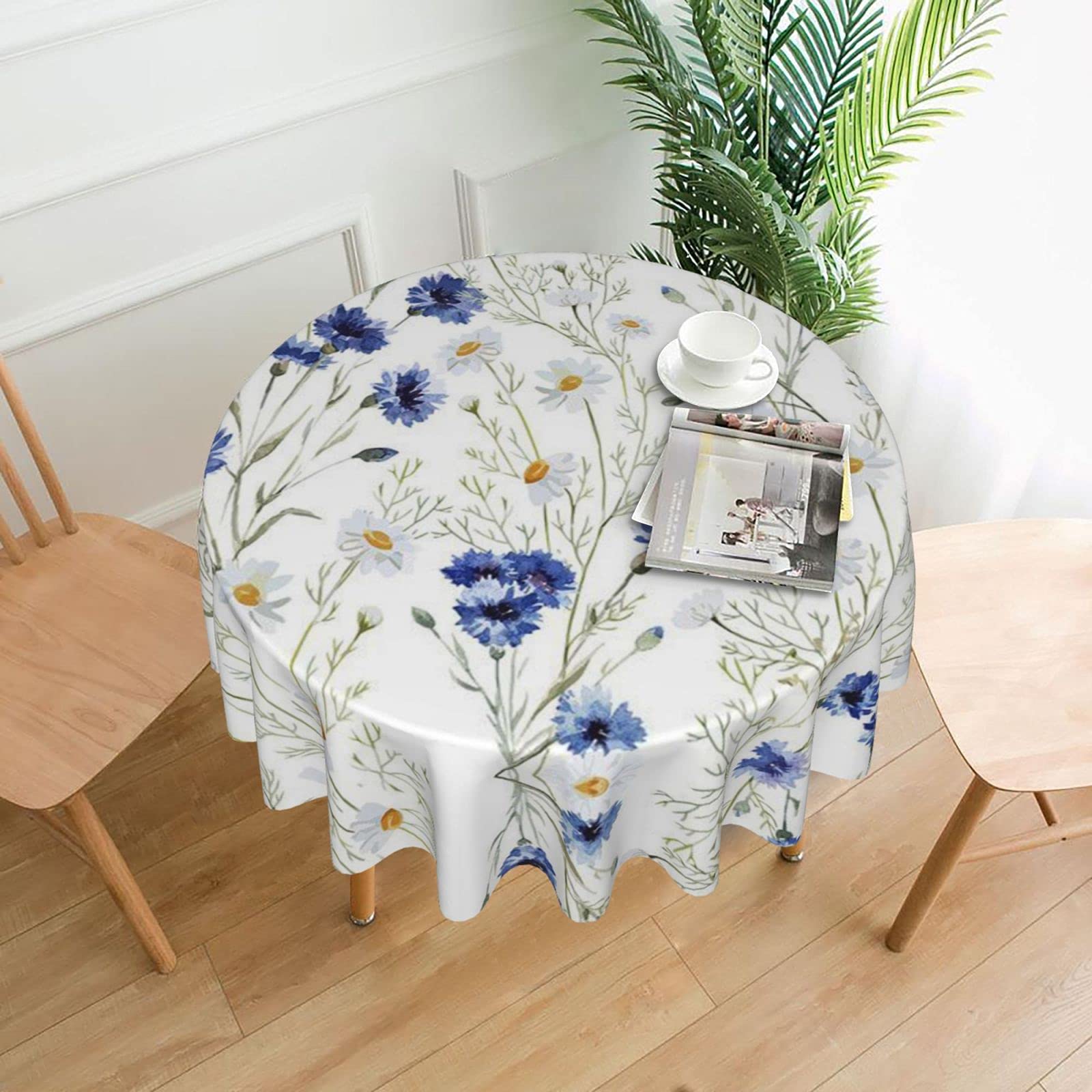 Lawenp Flowers and Cornflowers Daisies Decorative Round Table Cloths - 60 Inches in Diameter for Buffet Tables, Parties, Holiday Dinners.