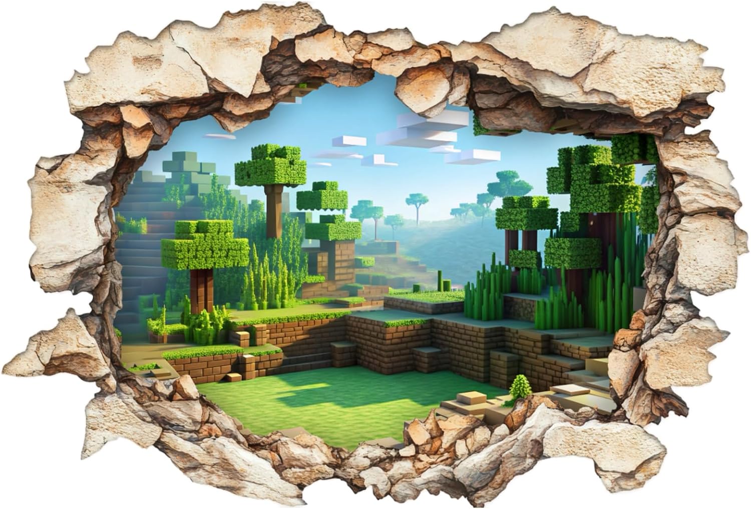 3D Pixel Block Wall Decal – Cube World Forest Mural with Smashed Hole ...