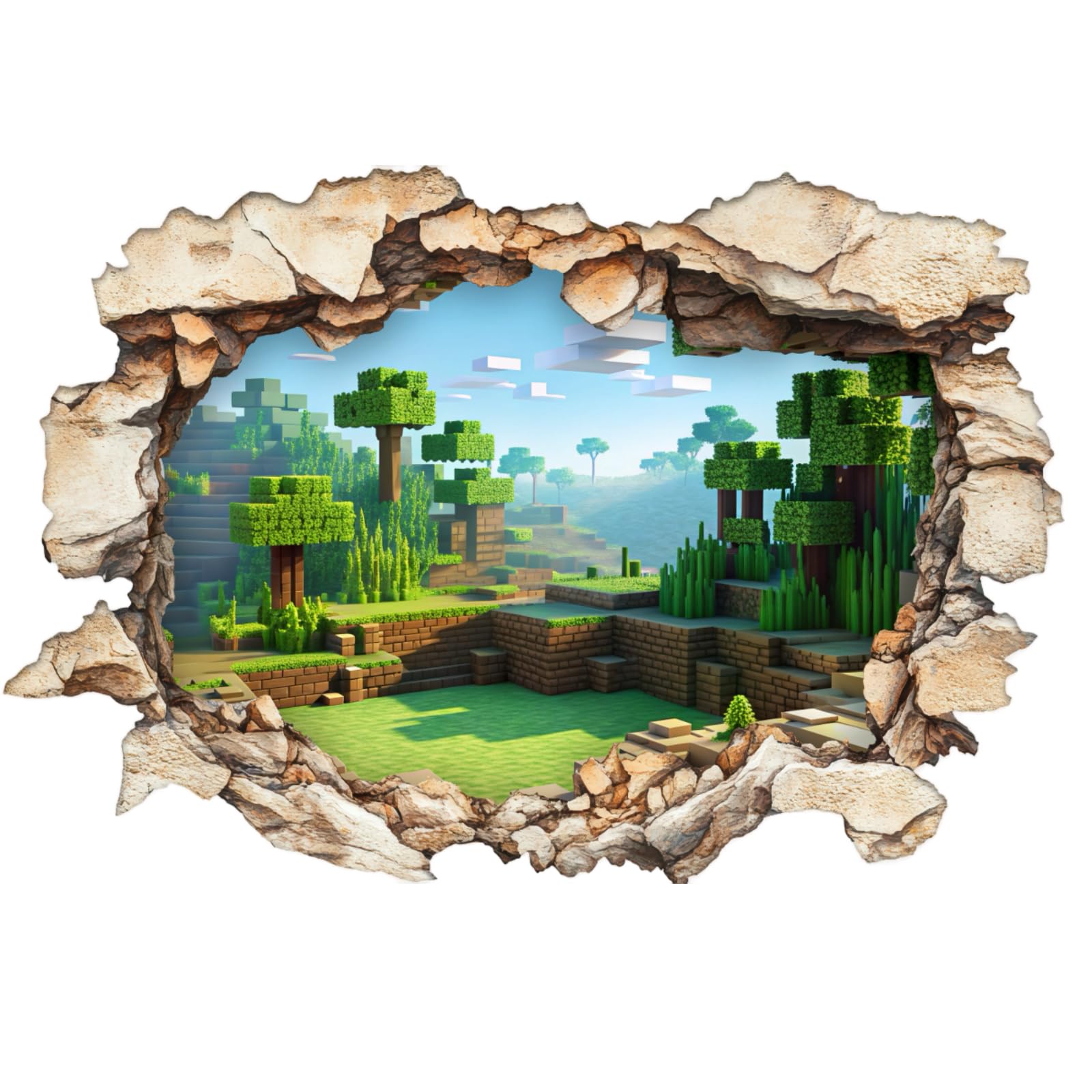3D Pixel Block Wall Decal - Cube World Forest Mural with Smashed Hole Effect, Gamer Room Decor for Kids Peel & Stick Vinyl (40×60 cm)