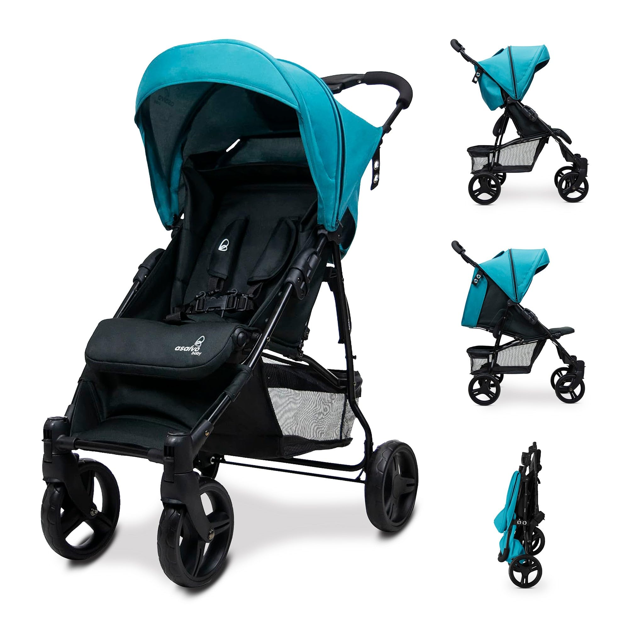Asalvo CÁDIZ Silla de Paseo Ultraligera para bebé, Carrito de paseo, Respaldo Reclinable, Arnés 5 Puntos, SPF50+, Capota con Ventana, Manejable, Máxima Seguridad, Hasta 17 kg, Petróleo
