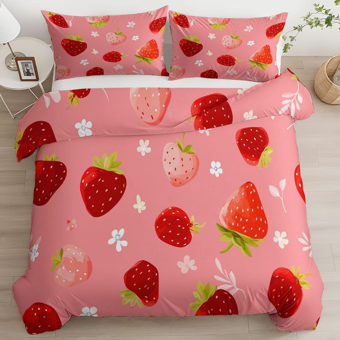 Housse de couette 240x260 fraise et microfibre avec 2 taies d'oreiller