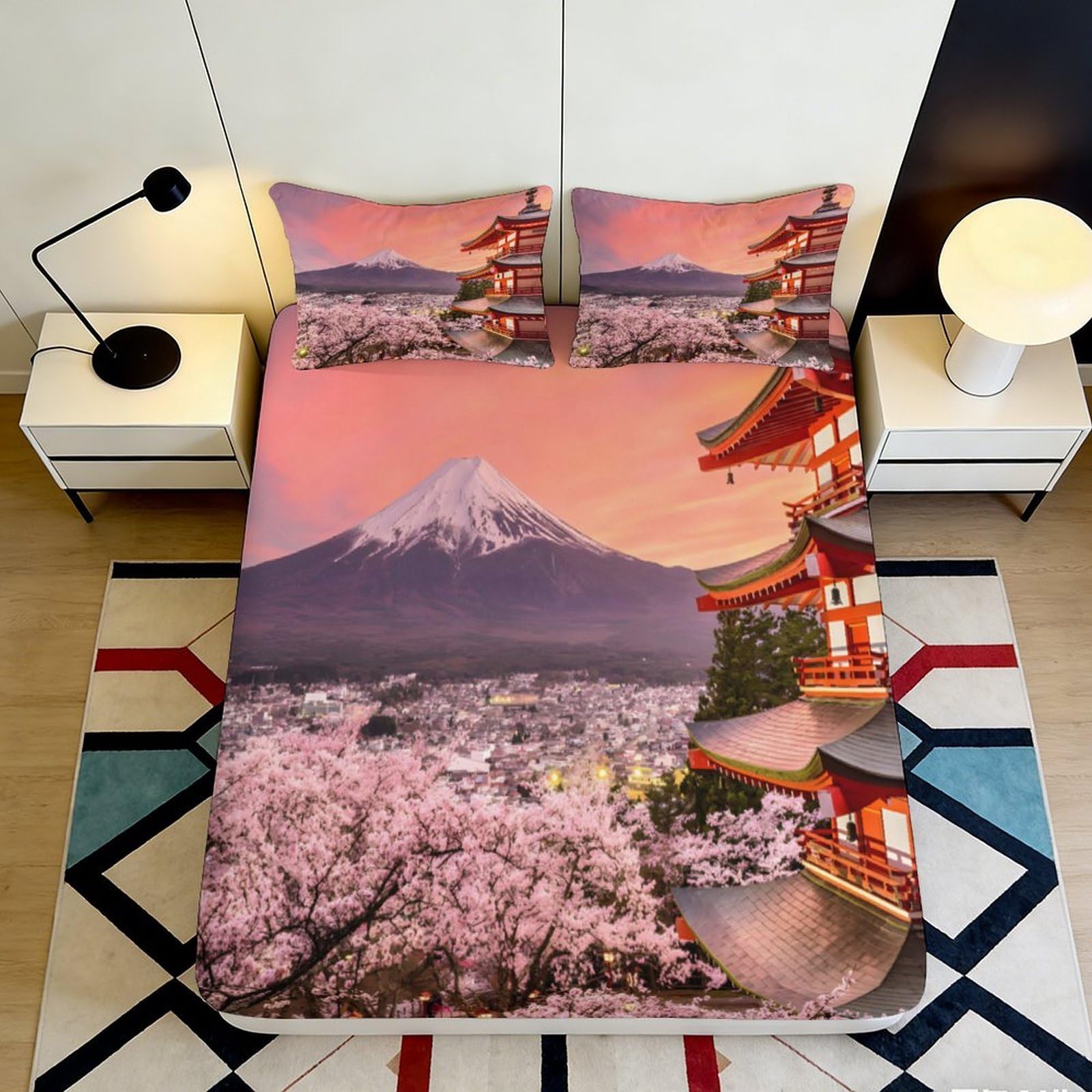 3D Printed Mt. Fuji Sakura Fitted Sheet Microfiber Soft Anti-Slip Pagoda Bed Cover for Bedroom Guestroom Decor 90x200x25cm