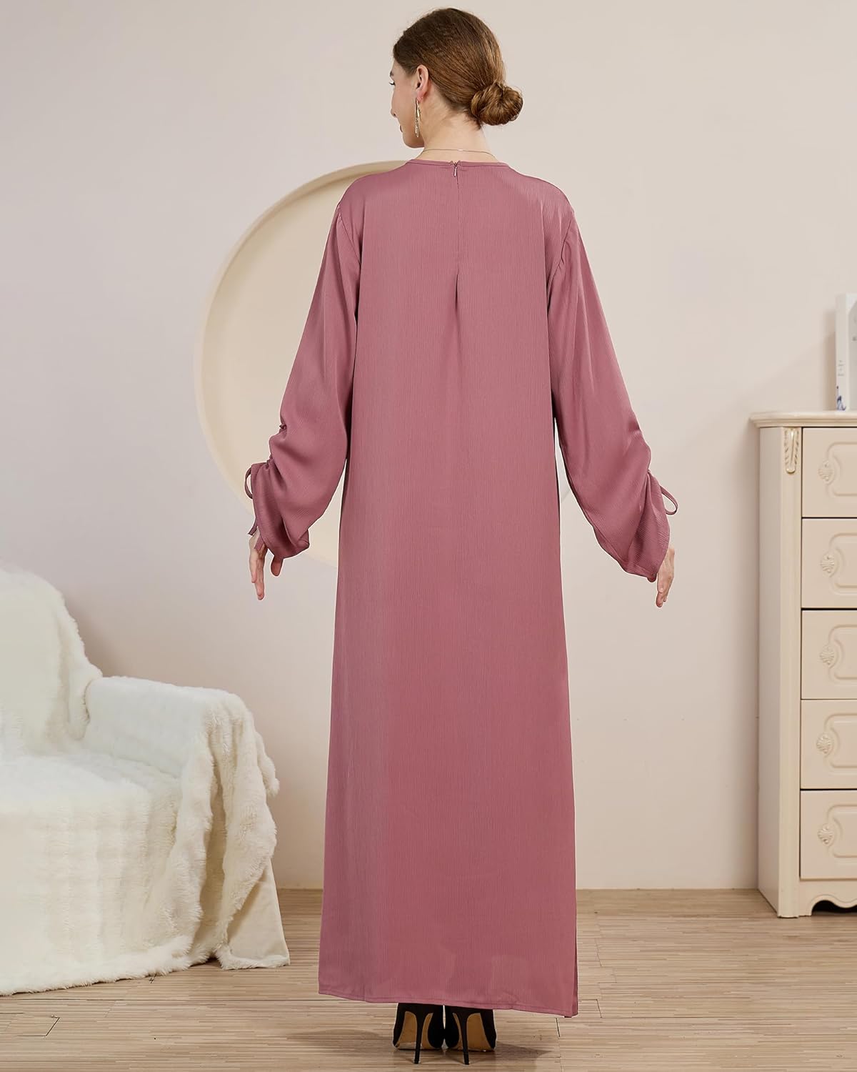 Muslim Women‘s Abaya Solid Color Zipper Islamic Dress Kaftan Robe Eid Clothes - Image 5