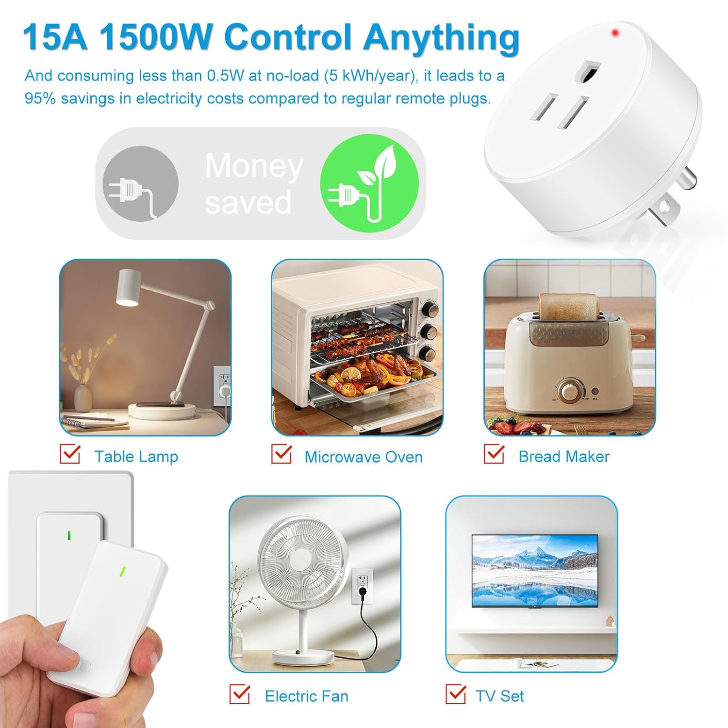 Greencycle Wireless Remote Control Outlet Plug Switch Kit,Remote Light Switches,On Off Outlet Switch for Lights,Lamps,Fans,300ft Long Range,No Wiring,15A 1500W,for Household Appliance,1SW+2Outlets