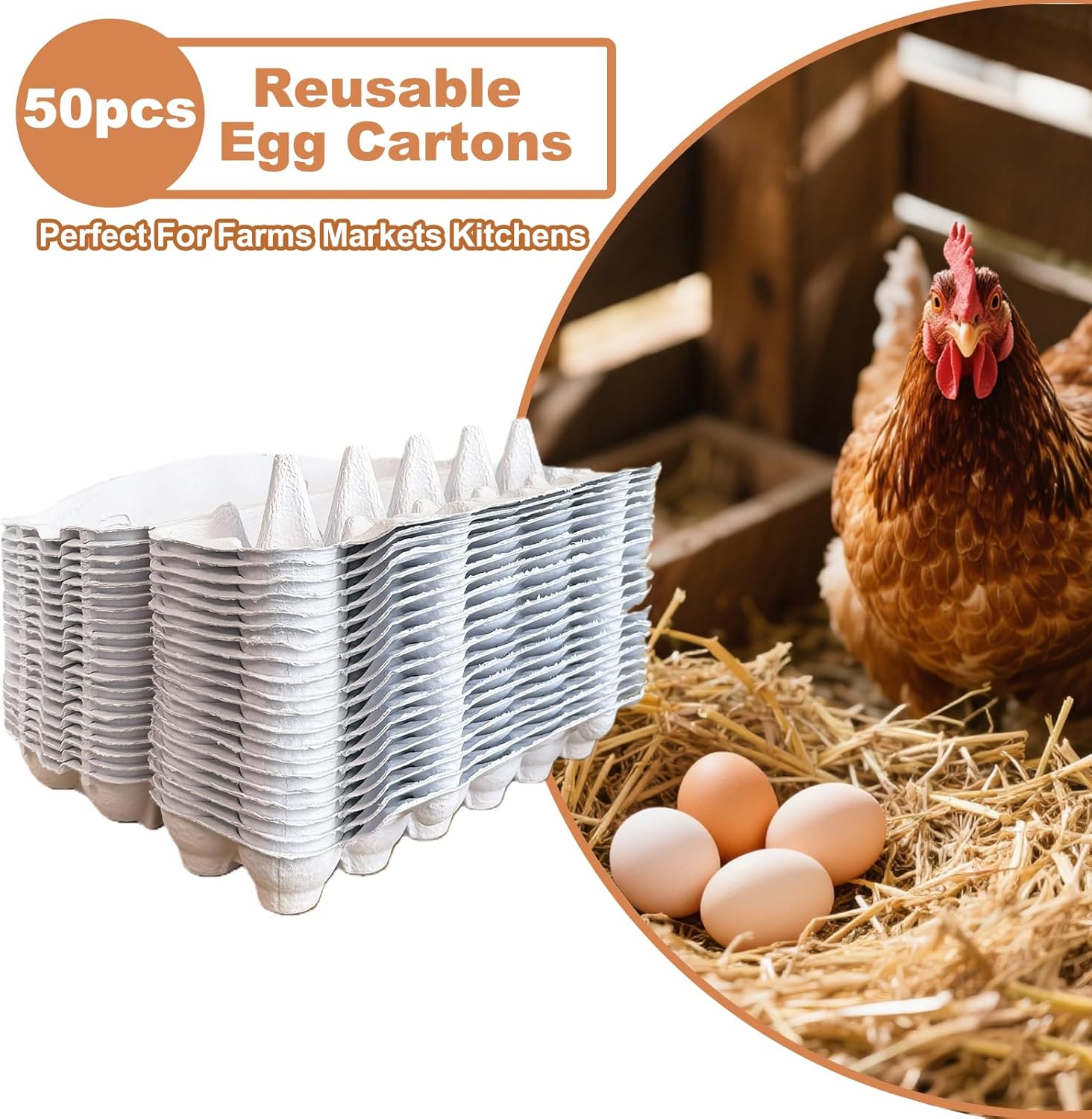 Reusable Pulp Egg Carton,12-Count Storage Container, Farm Fresh Egg Holder for Countertop, Chicken Egg (50, white, 2 * 6)