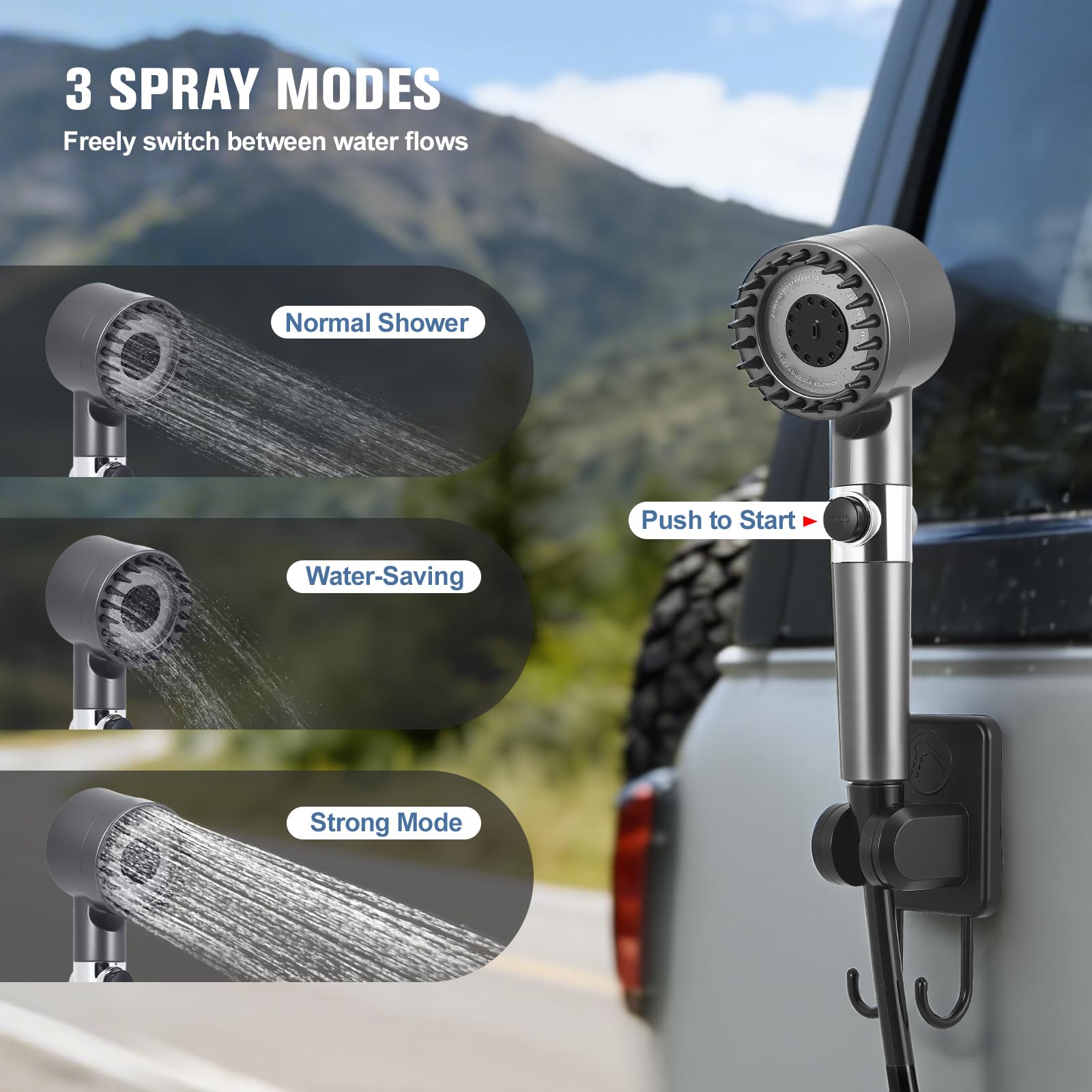 Doccia da campeggio ricaricabile | 8000 mAh | Display digitale | Serbatoio dell'acqua pieghevole da 20 l, Mobile Camping Doccia con filtro dell'acqua e spazzola, IPX8 impermeabile per campeggio