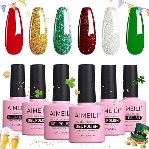 AIMEILI Esmalte de uñas de gel de Navidad Soak Off U V LED Sparkle Red Green Clear Glitter Gel Esmalte de uñas para Navidad, kit de regalo de 6