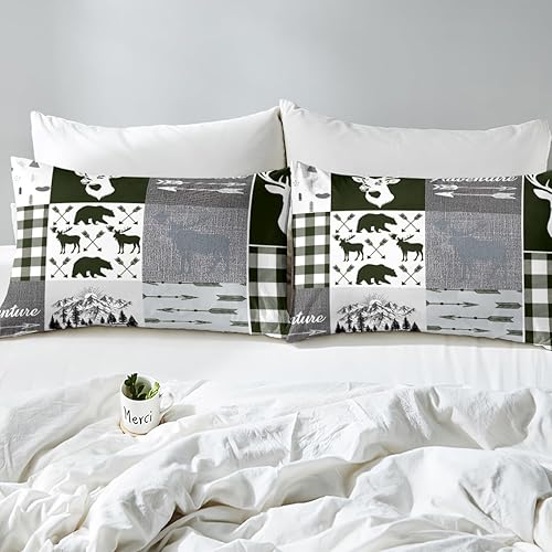 Miniatura 88 de Sábana bajera ajustable de oso de caza, juego de ropa de cama a cuadros de búfalo, sábanas de retazos de cabaña rústica para niños, niños, Multi