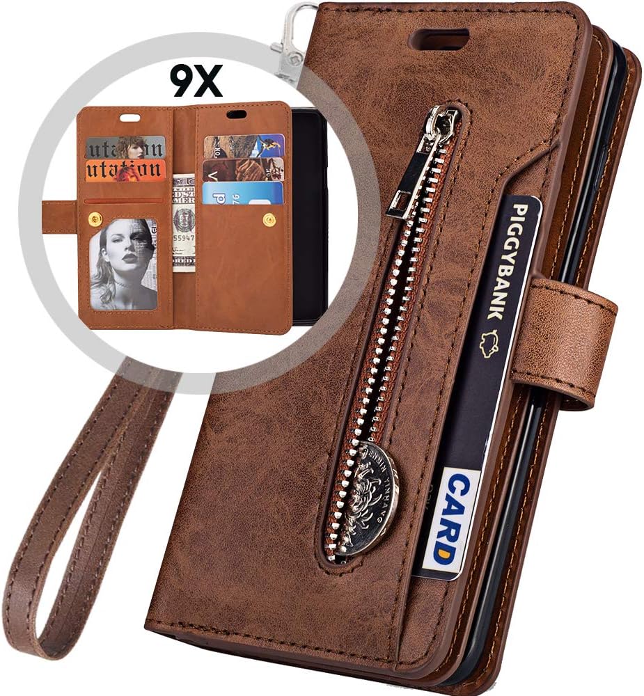 Galaxy J7 Case 2018 Wallet/J7 Star/J7 V 2nd/J7 Crown/J7 Refine Case,Auker 9 Card Holder+Kickstand Flip Leather Magnetic Zipper Wallet Purse Case with Strap/Money Pocket for Samsung J7 Eon (Brown)