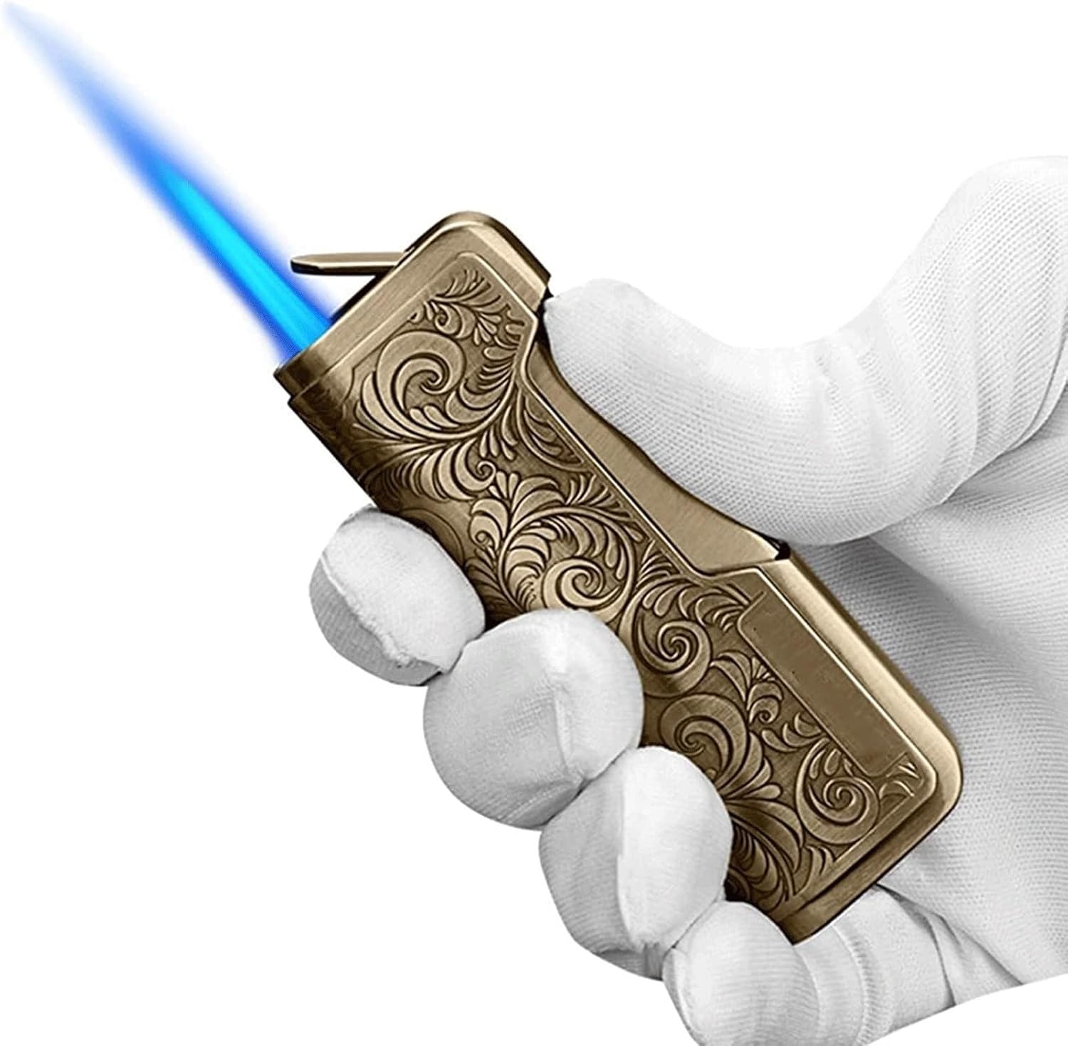 アンティークエンボスメタルワンタッチ便利なブタンライター、ヴィンテージ手作り真鍮防風ジェットフレームライター、調整可能な炎の詰め替え