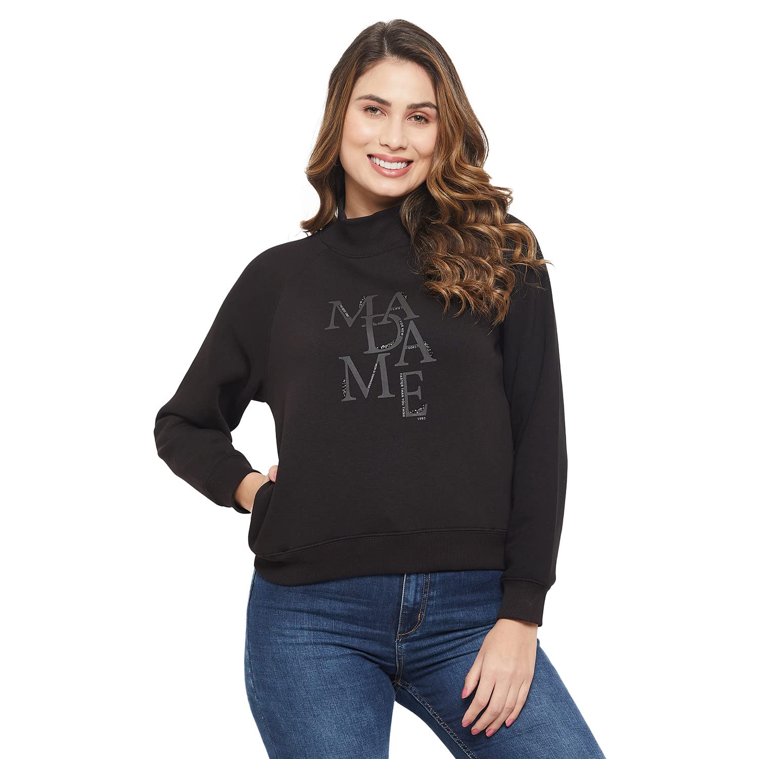 Madame Women Solid Print Black Sweat-Shirt