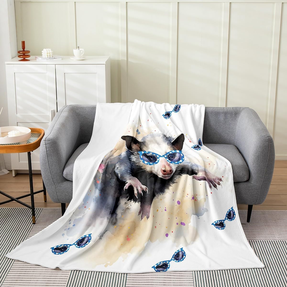 Opossum Flannel Fleece Throw Blanket for Kids Boys Girls Cute Possum Fuzzy Plush Blanket Twin 60"x80" Possums Gifts All Season Bed Blanket Bedroom Possum Stuffed Animal Floral Decor Flannel Blanket