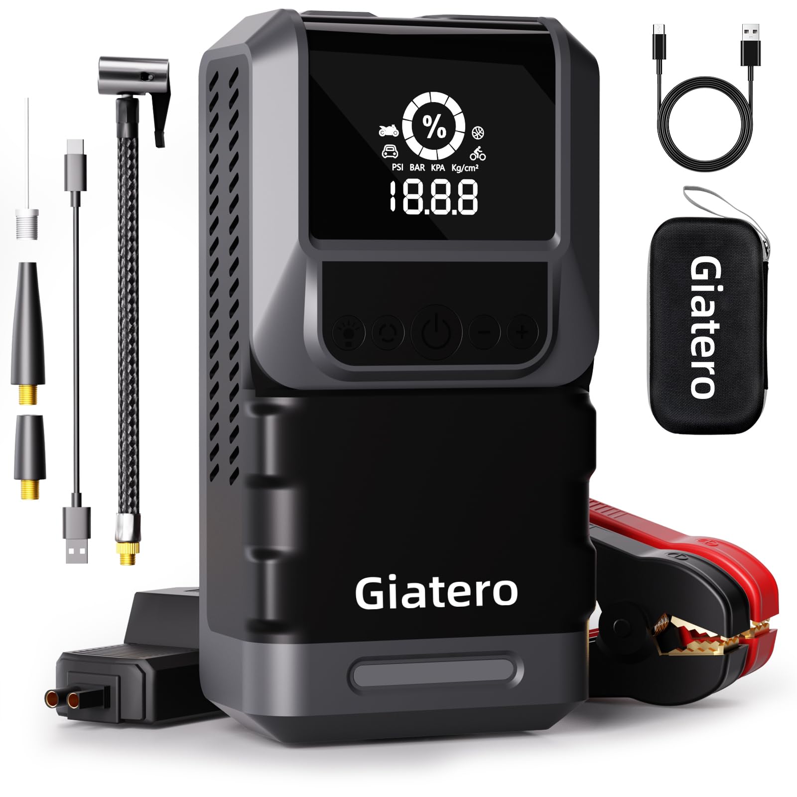 giateroQ13 4000A Portable Car Jump Starter with Air Compressor 150PSI, Jump Start Battery Pack(10.0L Gas/8.0L Diesel), 12V Jump Box with 3 Modes Flashlight & Jumper Cable, LCD Display Power Bank