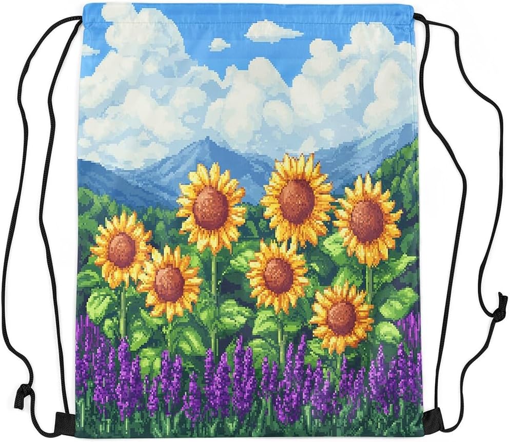 Castle Fairy Sunflower Drawstring Backpack 13"X16" Pixelated Style Sackpack for Gym Sports Video Games Water Resistant String Bag for Women Men image 3