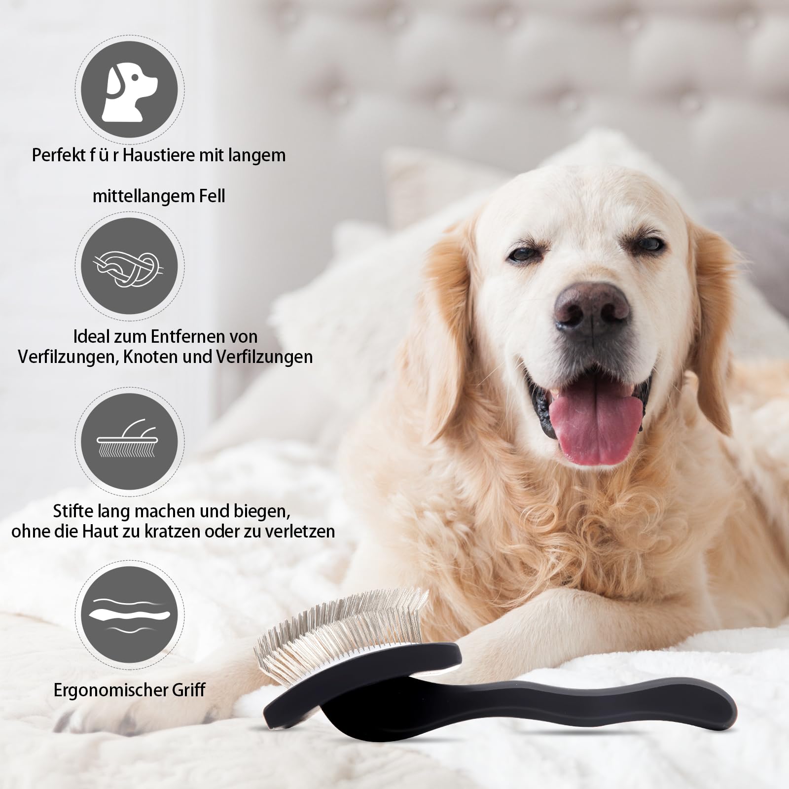 Profi Zupfbürste & Hundebürste Langhaar (25mm Borsten) – Slicker Brush Set mit Kamm – Sanftes Entfilzen von Fell & dicker Unterwolle bei Golden Retriever, Pudel, Doodle & Katzen – Schwarz