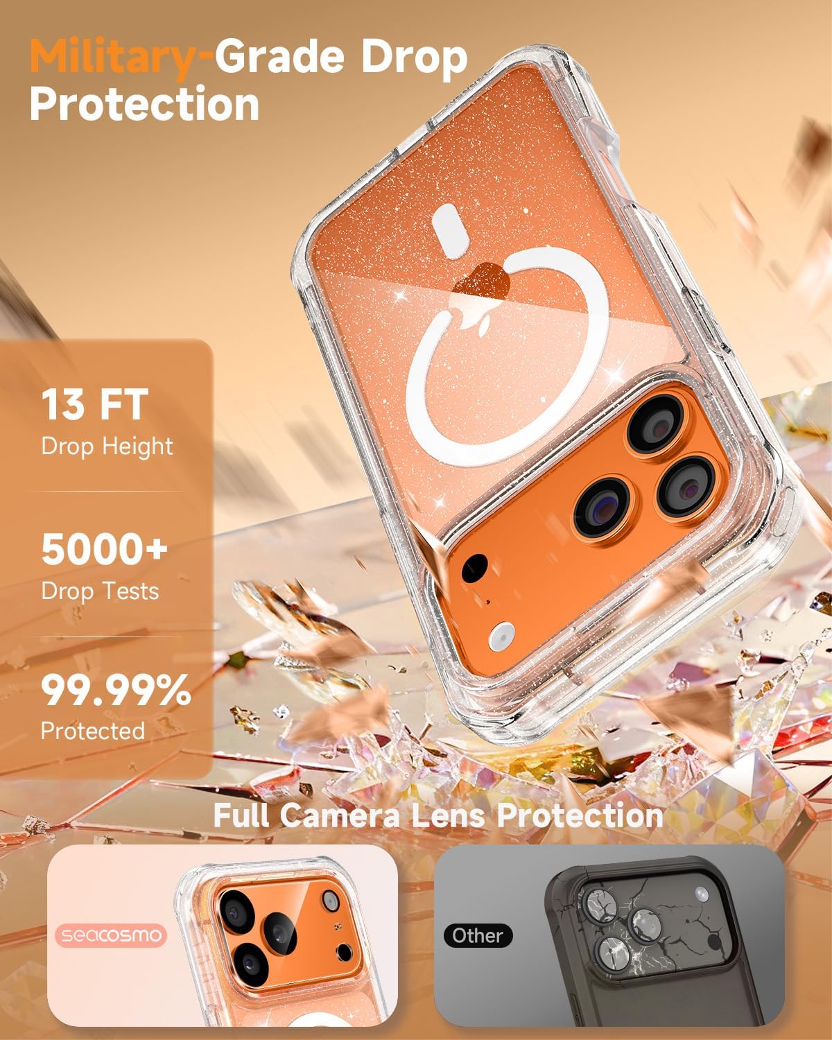 seacosmo Magnetic for iPhone 17 Pro Case for Women, Girly, Men, Full Body with Built-in Privacy Screen and Camera Lens Protector, Anti-Yellowing, Shockproof Cute 17 Pro Phone Case, 6.3", Clear Glitter