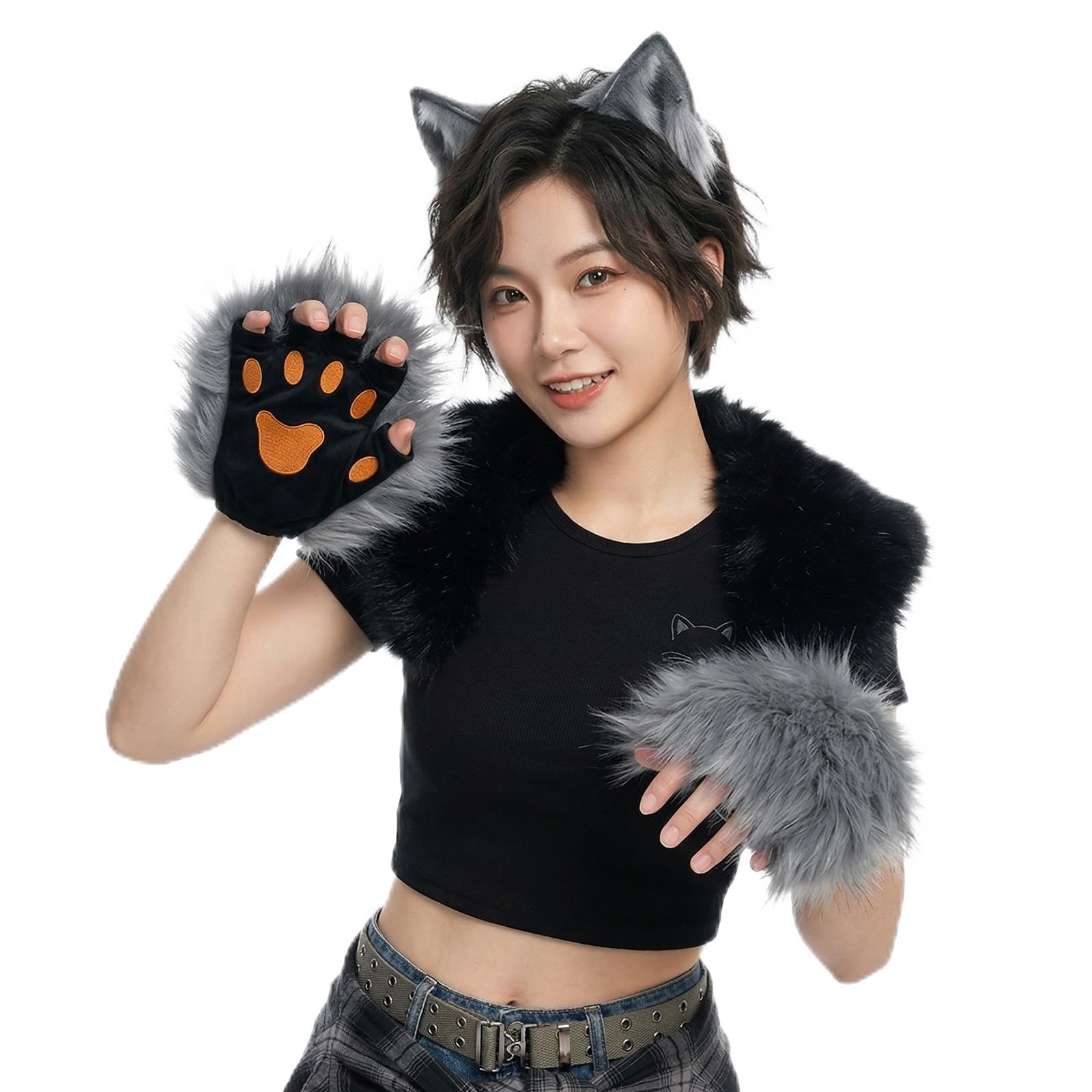 TINAYAUE Wolf Paw Gloves Furry Bear Dog Cat Paws Gloves Faux Fur Fingerless Glove Werewolf Costume Cute Animal Hands Halloween Cosplay Accessories for Adults Kids (Grey, One Size)