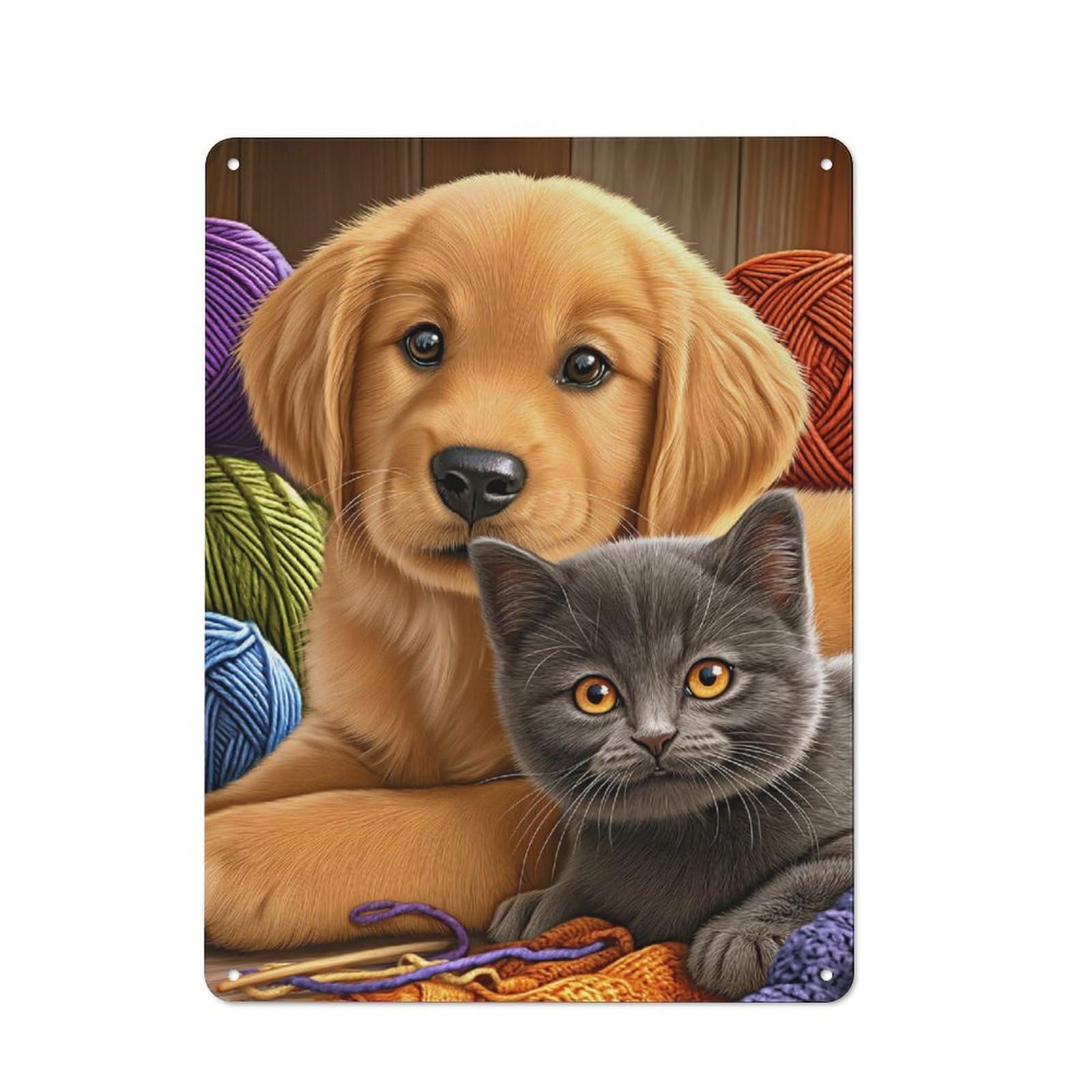 Junmoney Cute Puppy And Kitten Together Rustic Tin Sign 40X30cm For Man Cave Or Games Room, Housewarming Present For People Styling Man Cave And Games Room