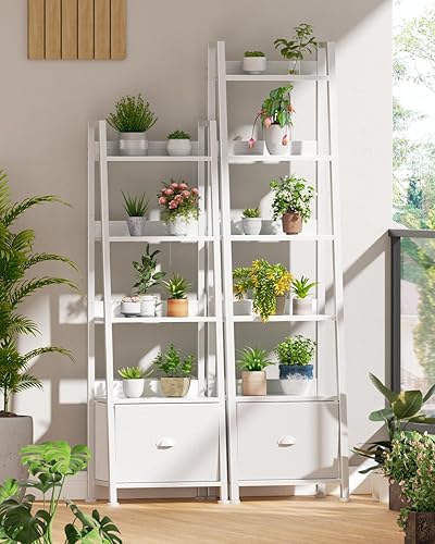 Vista 86 de Furologee Estantería de escalera blanca de 4 niveles, estantería de escalera con cajón extraíble, estante de almacenamiento organizador