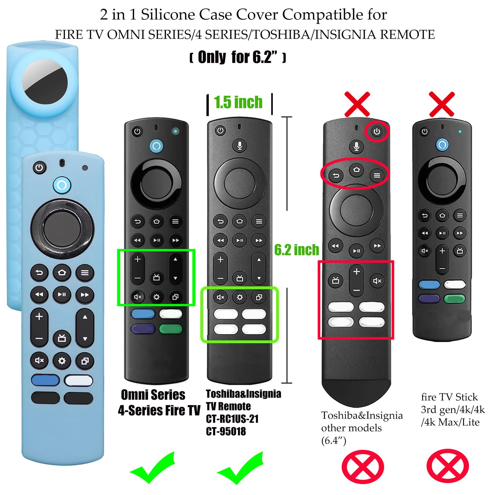Funda para mando a distancia Toshiba Airtag Glow para Insignia TV NS-RCFNA-21 CT-RC1US-21 CT-95018 Alexa Voice Remote Control con soporte para calcomanía de azulejos, funda de silicona para calcomanía