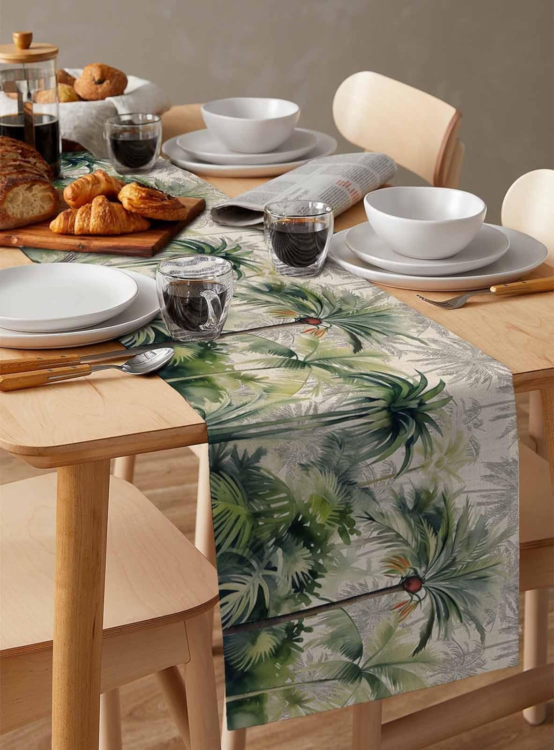 Summer Coastal Palm Tree Table Runner 90 Inches Long for Dining Table, Cotton Linen Farmhouse Washable Coffee Table Runners Dresser Scarf for Kitchen Party Holiday Tropical Plants Vintage