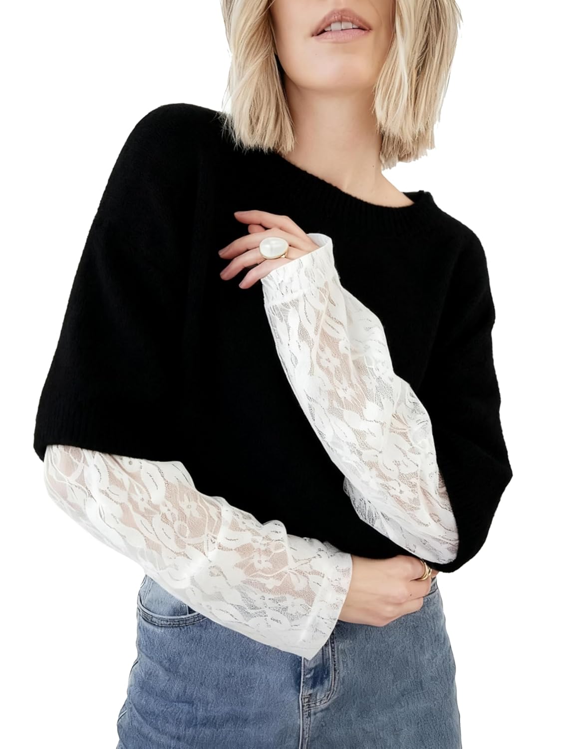 Womens Long Sleeve Sweater Crewneck Lace Patchwork Pullover Casual Lightweight Ribbed Knit Tops