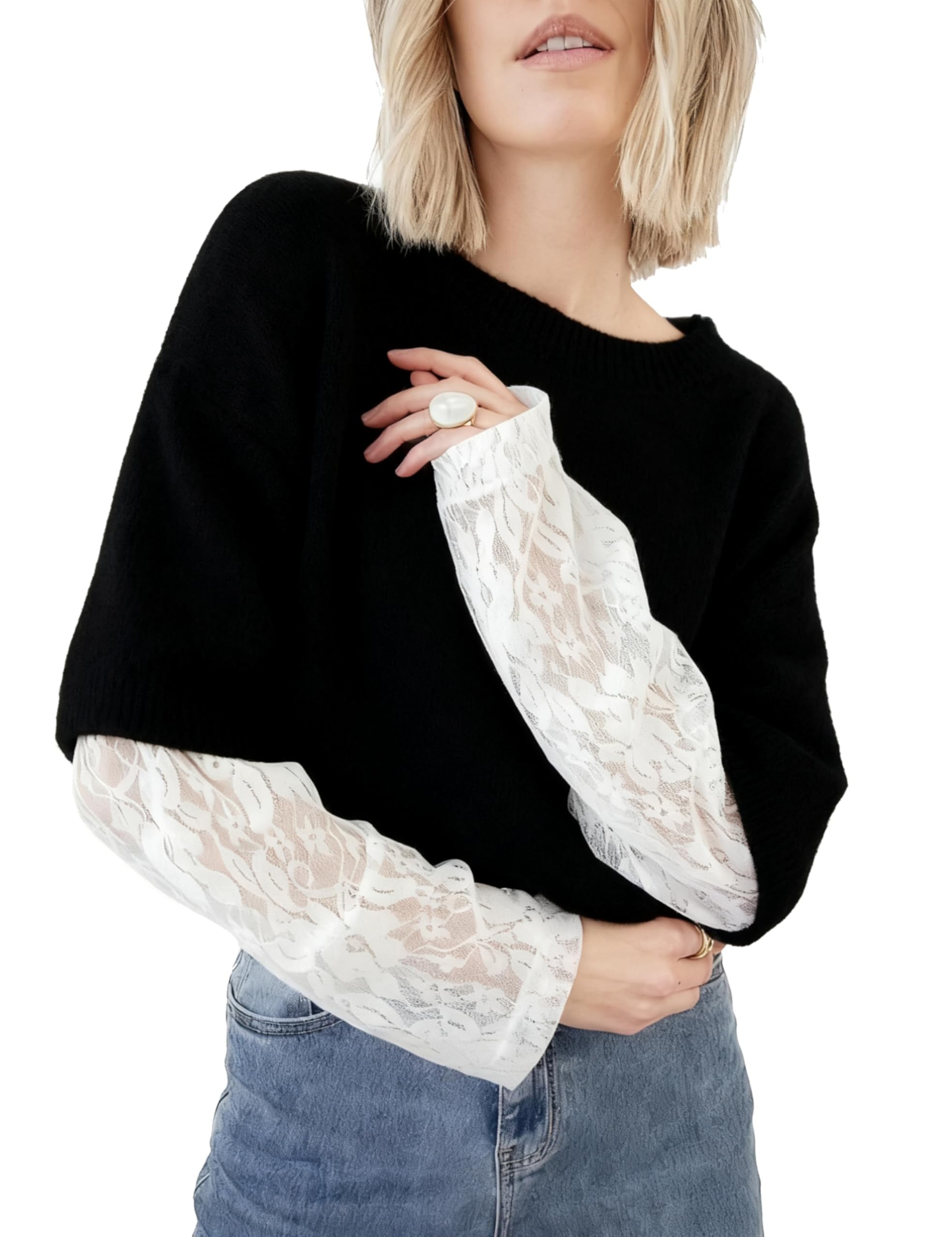 Womens Long Sleeve Sweater Crewneck Lace Patchwork Pullover Casual Lightweight Ribbed Knit Tops