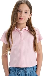 تيشرت بولو منسوج عصري بقصة ضيقة سليم فت ورقبة بولو وأكمام قصيرة للبنات من ديفاكتو (1 قطعة)