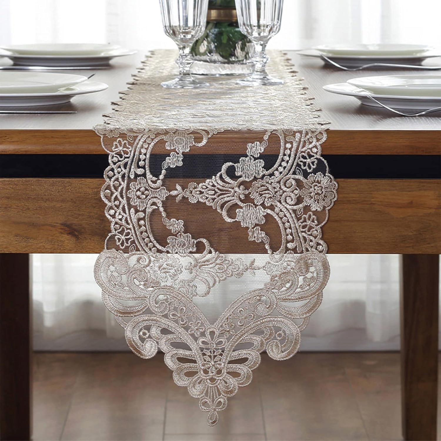 Lace Table Runner Dresser Scarf, Macrame Floral Embroidered Vintage Exquisite Floral Table Runners for Dining Wedding Holiday Party (Champagne, 10x98 inch)
