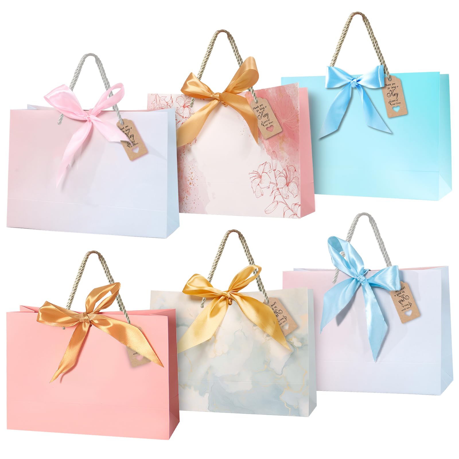 YAGE Medium Gift Bag - 28CM x 20CM x 10CM | Durable Paper Bags with Ribbon & Tag | Perfect for Weddings, Parties, Birthdays, Christmas, Baby Showers & New Year's Gifts (M-Blue Pink - 6PCS)