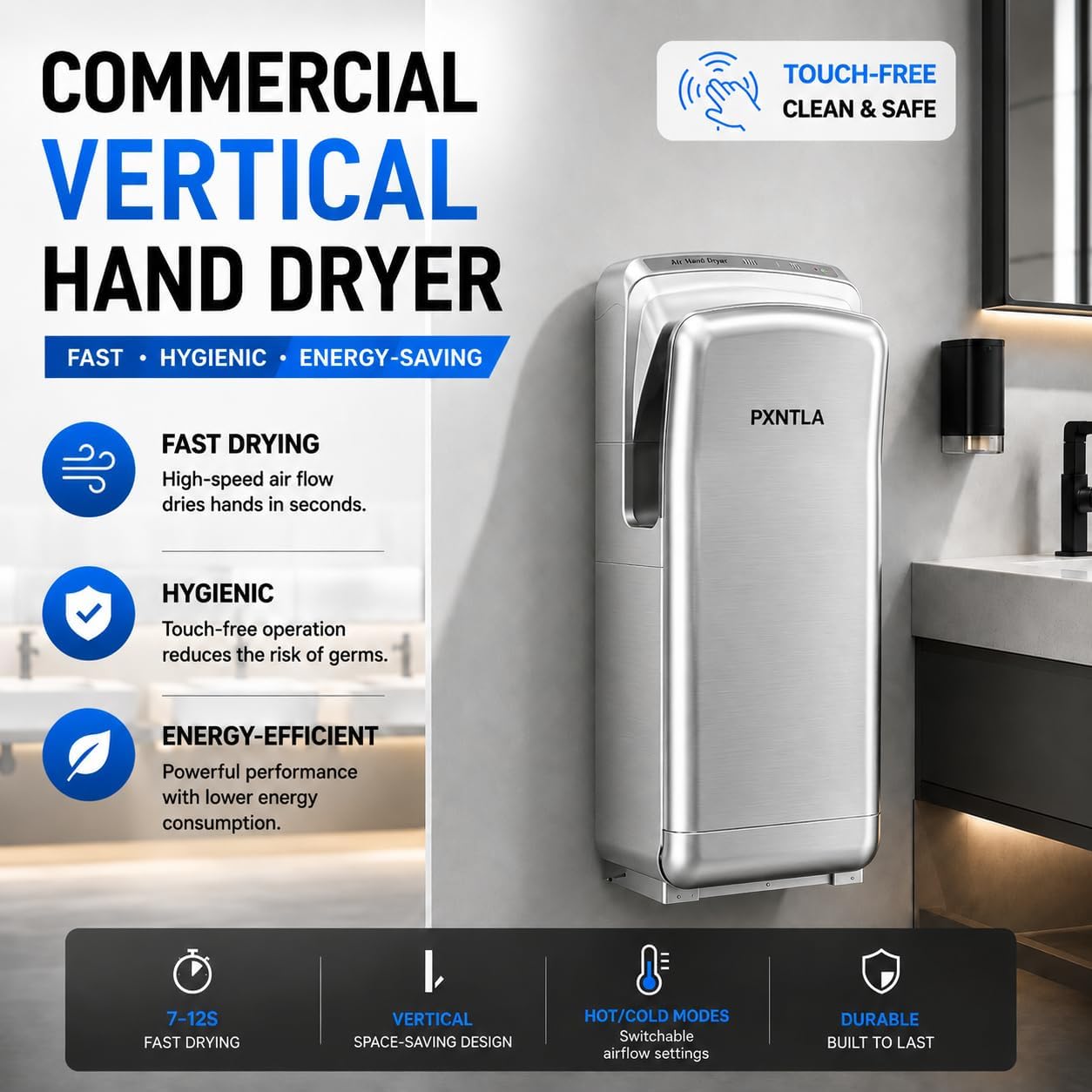 Commercial Vertical Hand Dryer with HEPA Filter, 2000W High Speed Jet Air Hand Dryer for Hotel, Mall, Office & Restaurant Public Restrooms (Silver)