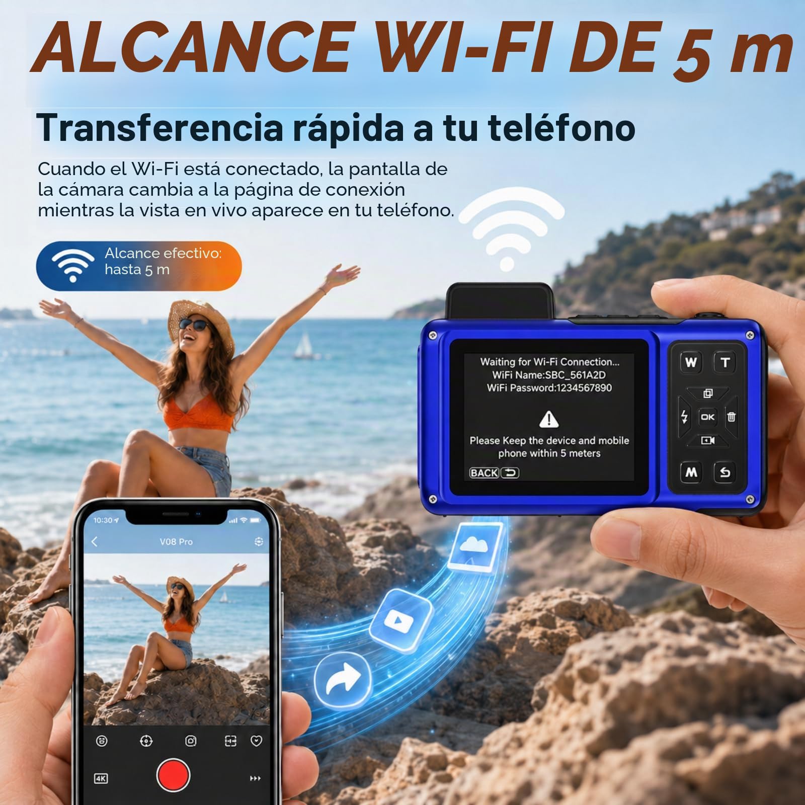 MaxMango V08 Pro 49FT Camara Acuatica，8K 90MP WiFi Pantalla Táctil Cámara Digital，2,8 Pulgadas con Doble Pantalla, Resistente, a Prueba de Polvo y a Prueba de Golpes, Ideal para Snorkel, Azul