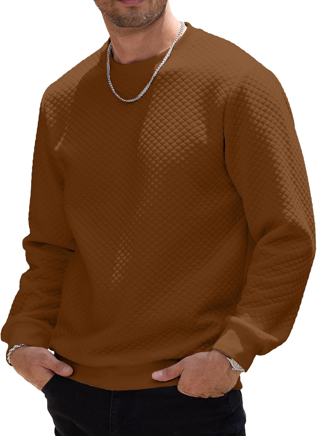 HOTake Mens Crewneck Sweatshirts Waffle Panttern Texture Outdoor Leisure Pullover Sweatshirts - Image 6