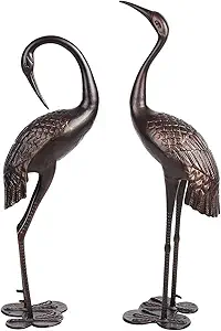 Westcharm Cast Aluminum Cranes for Yard Garden Sculpture Pair Statue - Upright and Preening Standing Crane Heron Couple Sculpture Set, Bronze