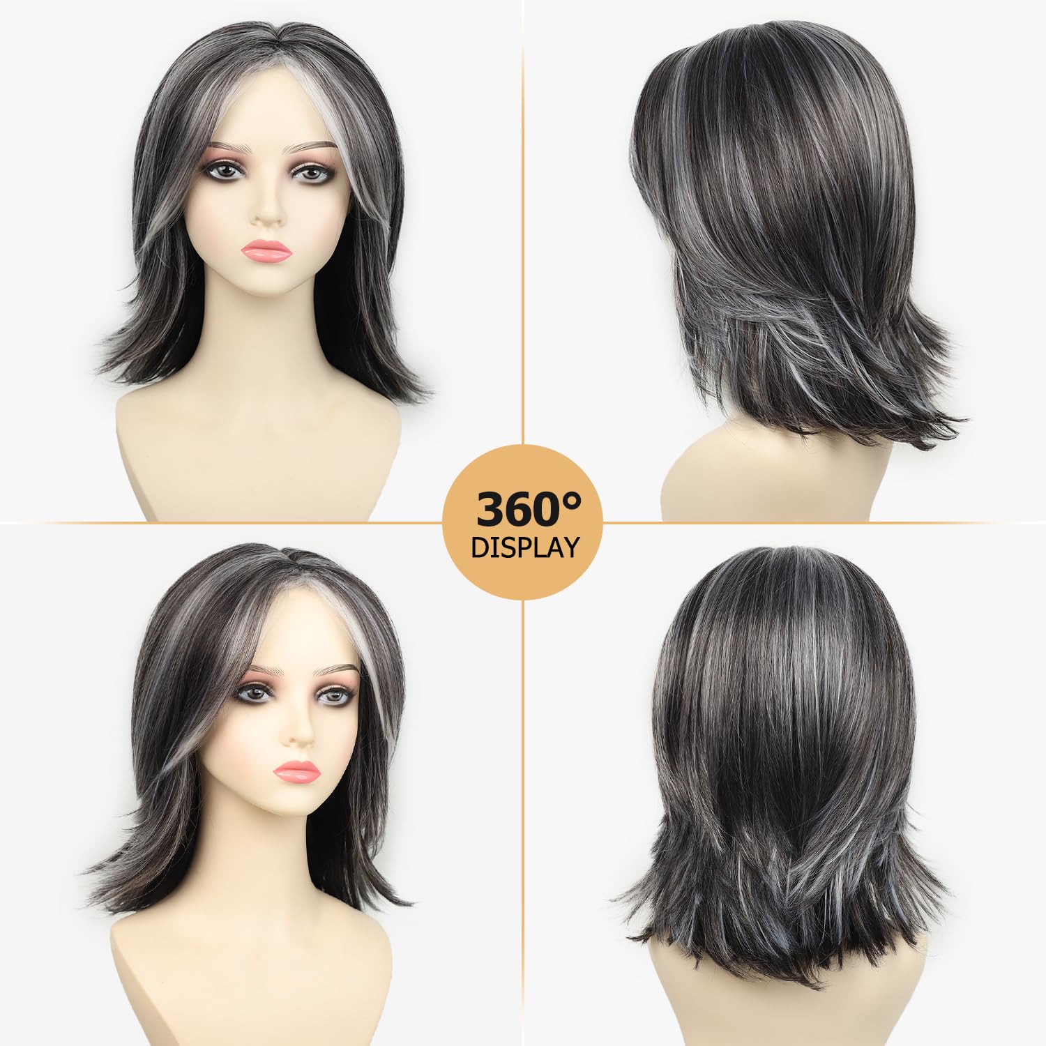 SEVENCOLORS Dark Grey Layered Wigs for Women Medium Length Gray Mixed Silver Wig with Curtain Bangs Synthetic Hair Short Wavy Bob Wigs - Image 2