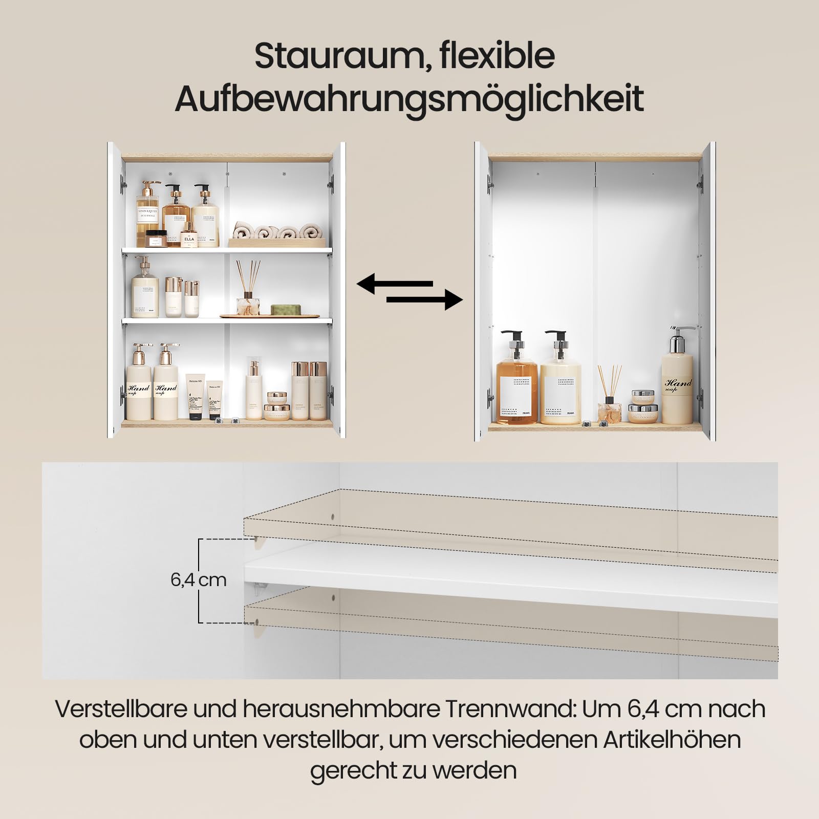 EUGAD Spiegelschrank Bad, Badezimmerschrank hängend, Badschrank mit Spiegel, Hängeschrank mit Doppeltür, Wandschrank mit verstellbaren Einlegeböden, weiß und helle Eiche 60x75x20 cm