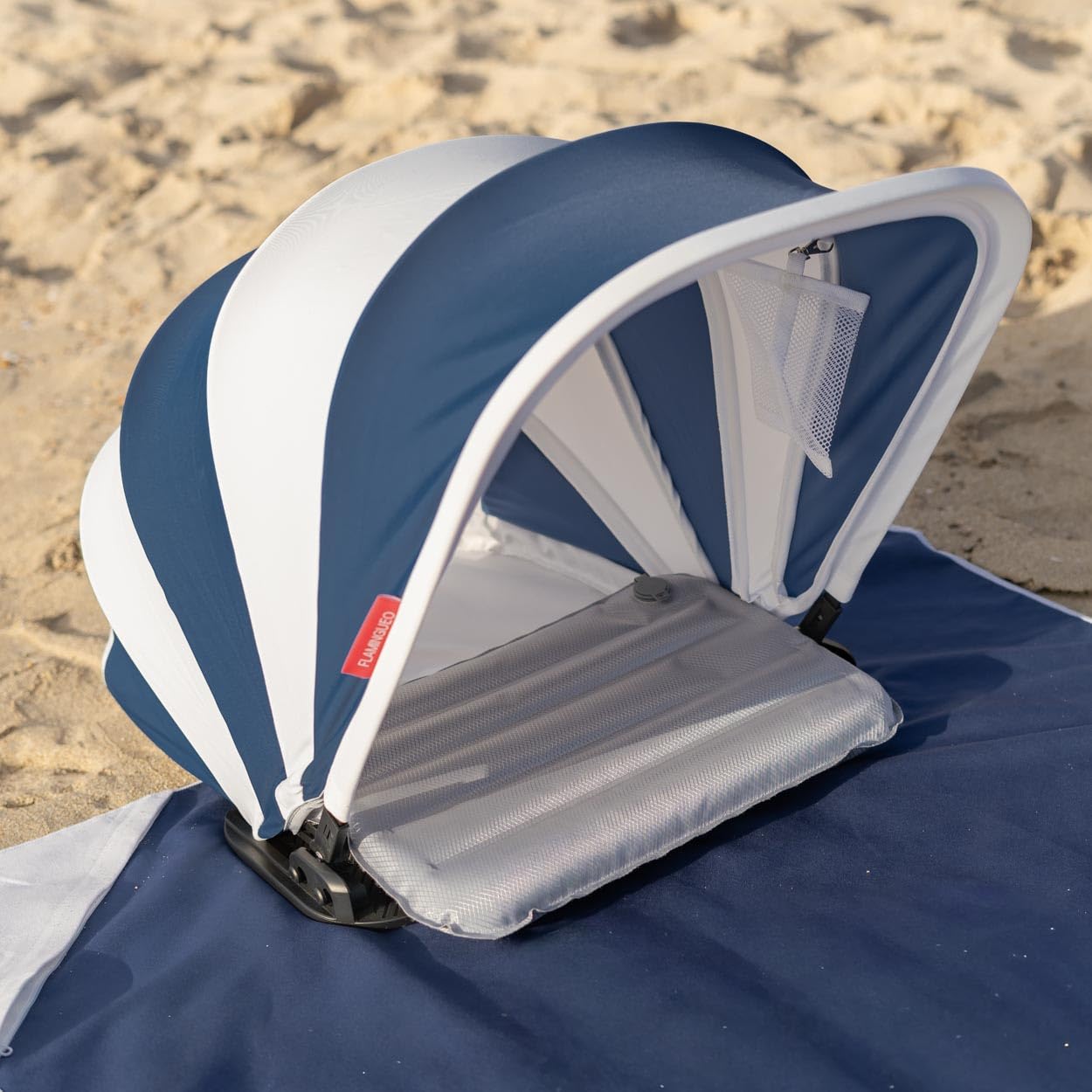 Flamingueo Parasol plażowy – na twarz i głowę – UPF 50+ – z nadmuchiwaną poduszką – wiele pozycji – w zestawie pokrowiec na telefon komórkowy – poliester