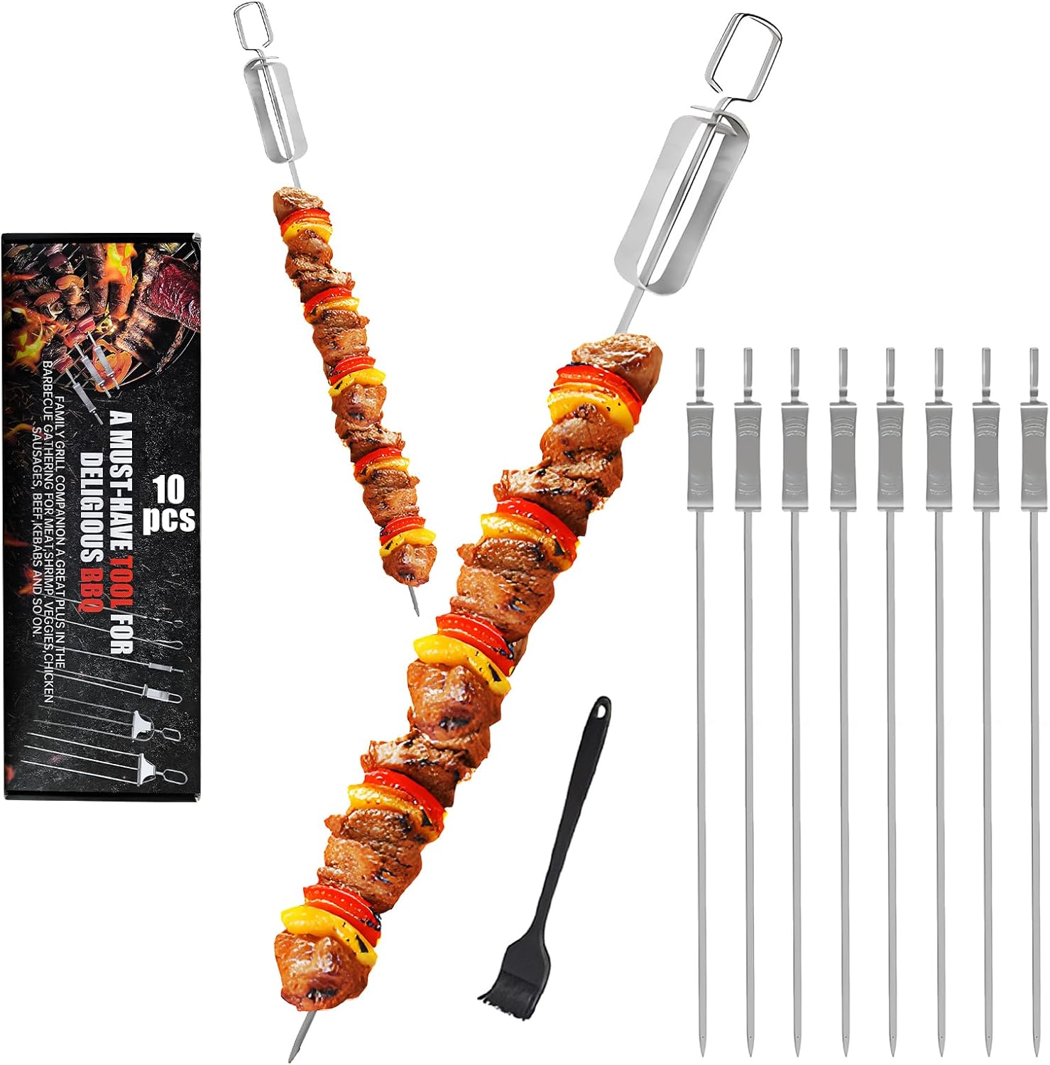 Stainless Steel Kabob Skewers with Push Bar Skewers for Grilling, 16 inch Metal Flat BBQ Sticks for Meat (16 inch-20 Pcs)