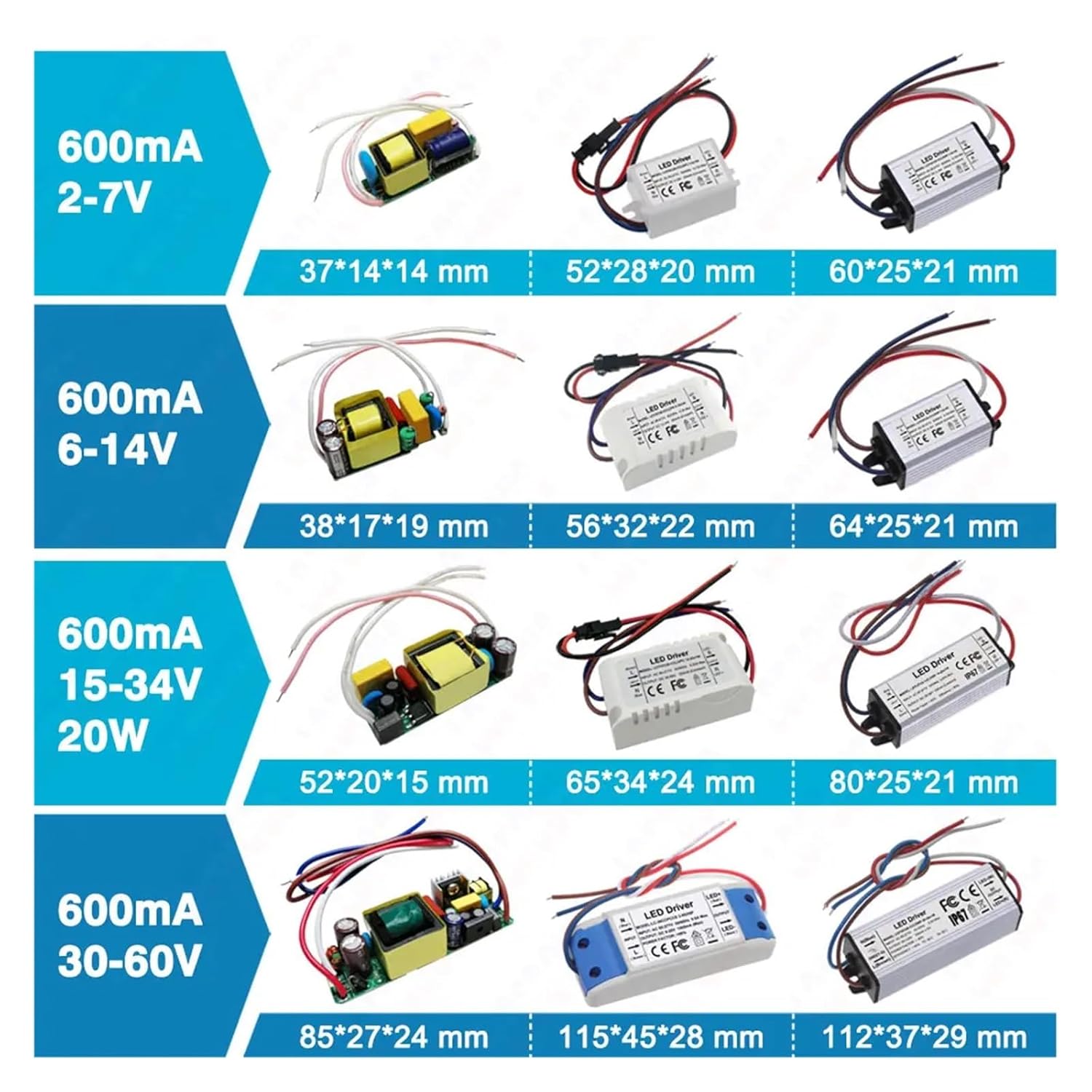 1 Pcs LED Driver Constant Current 300mA 450mA 600mA 900mA 1500mA Lighting Transformer 1W 3W 5W 10W 20W 30W 36W 50W 100W Power Supply(Aluminum Case,450mA 39 to 85V)
