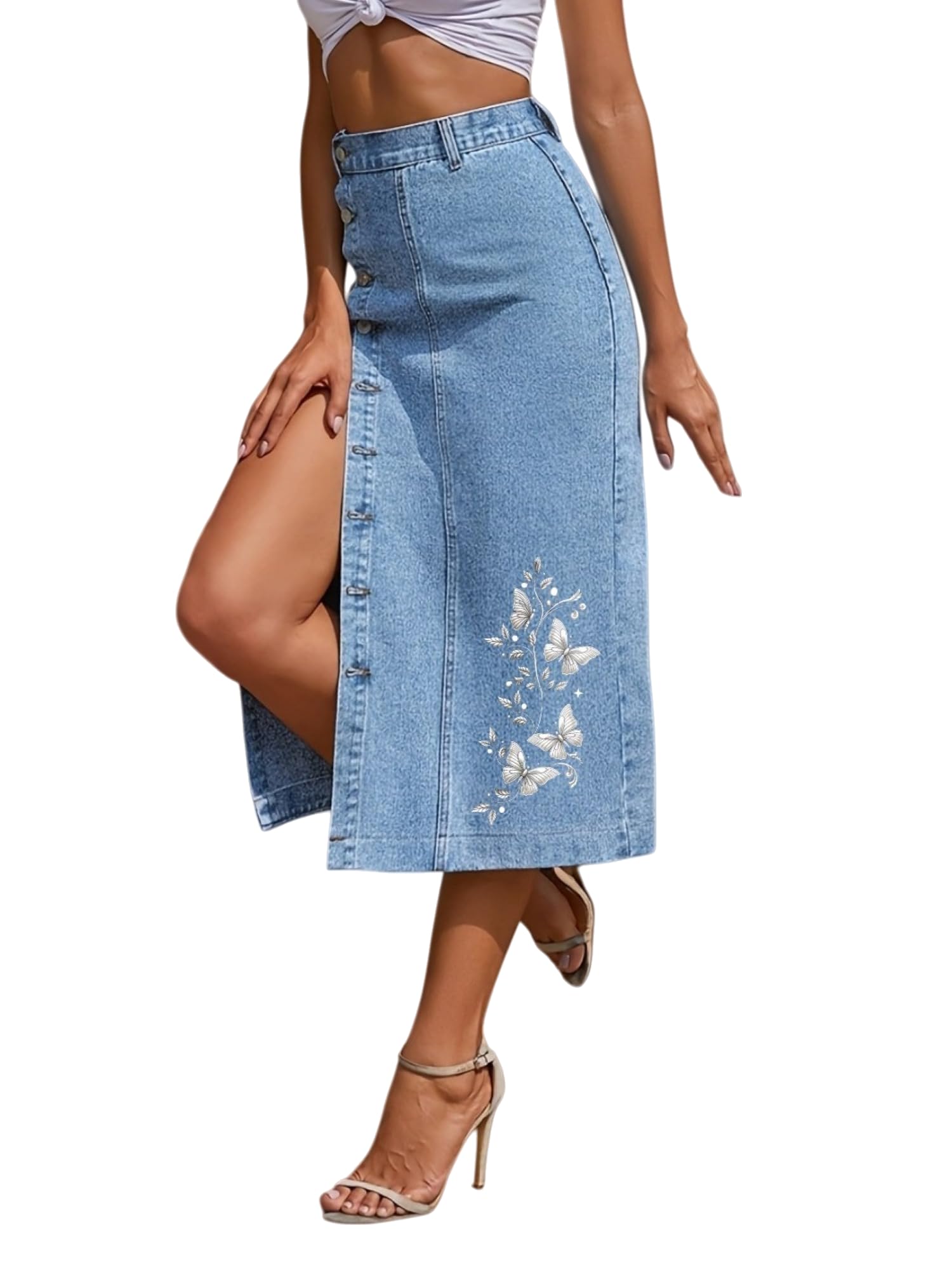 Women Embroidered Stretch Jean Skirt with Slit High Waisted Button Front Midi Denim Skirt Blue Long Jeans Skirt