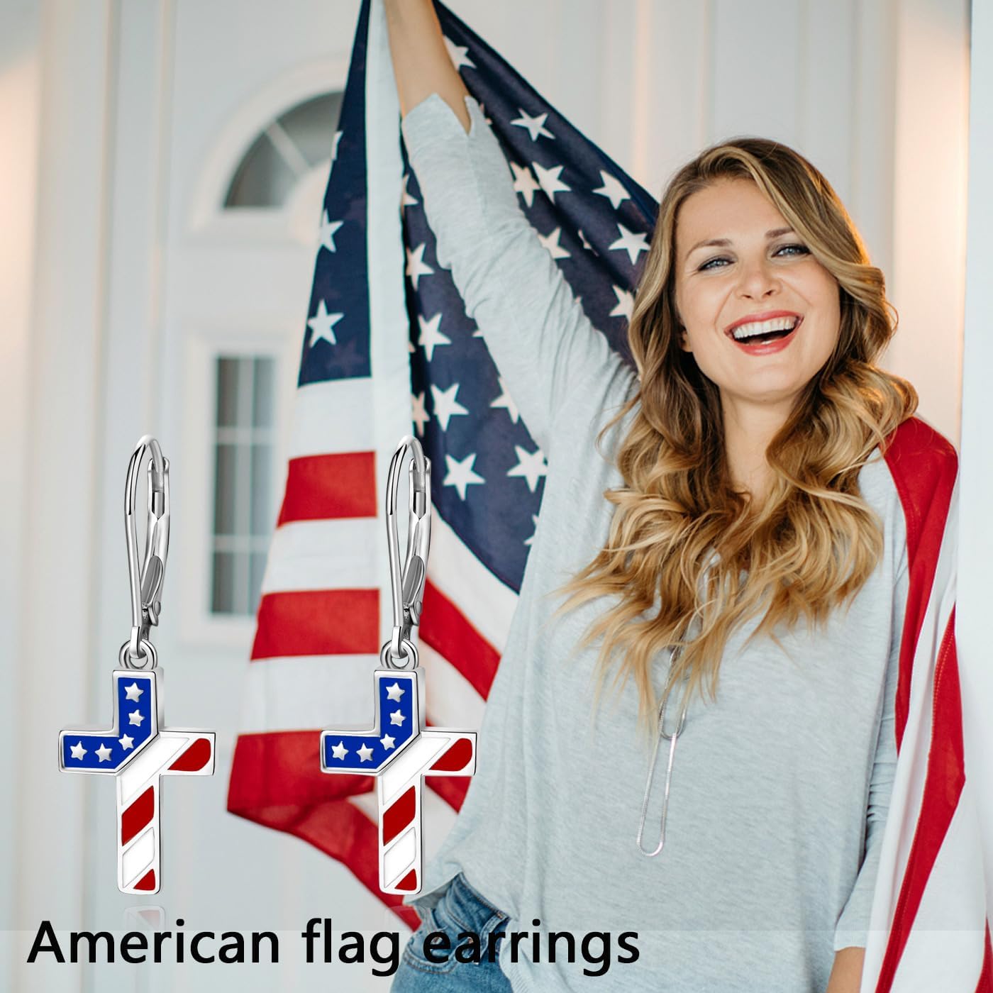 4th of July Earrings for Women 925 Sterling Silver American Flag Dangle Drop Earring Red White Blue Patriotic Star Cross Patriotic USA Holiday Jewelry Independence Day Gifts for Women Girls - Image 6