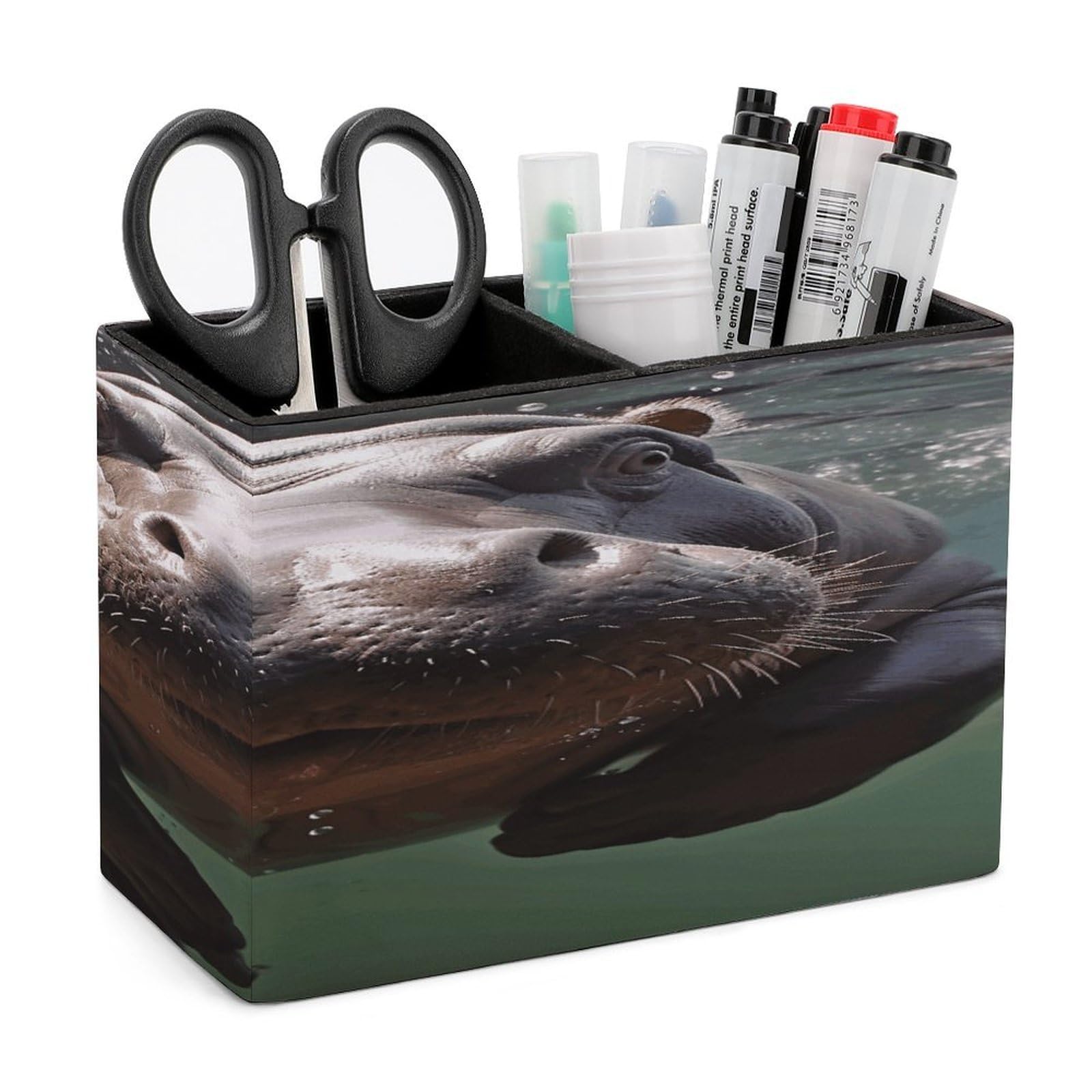 VstaDank Diving Hippo Pen Holder Double Compartments Pen Cup Fashion Makeup Brush Holders Leather Pencil Holder for Work Locker Accessories Modern Pencil Cup for Desk Organizer