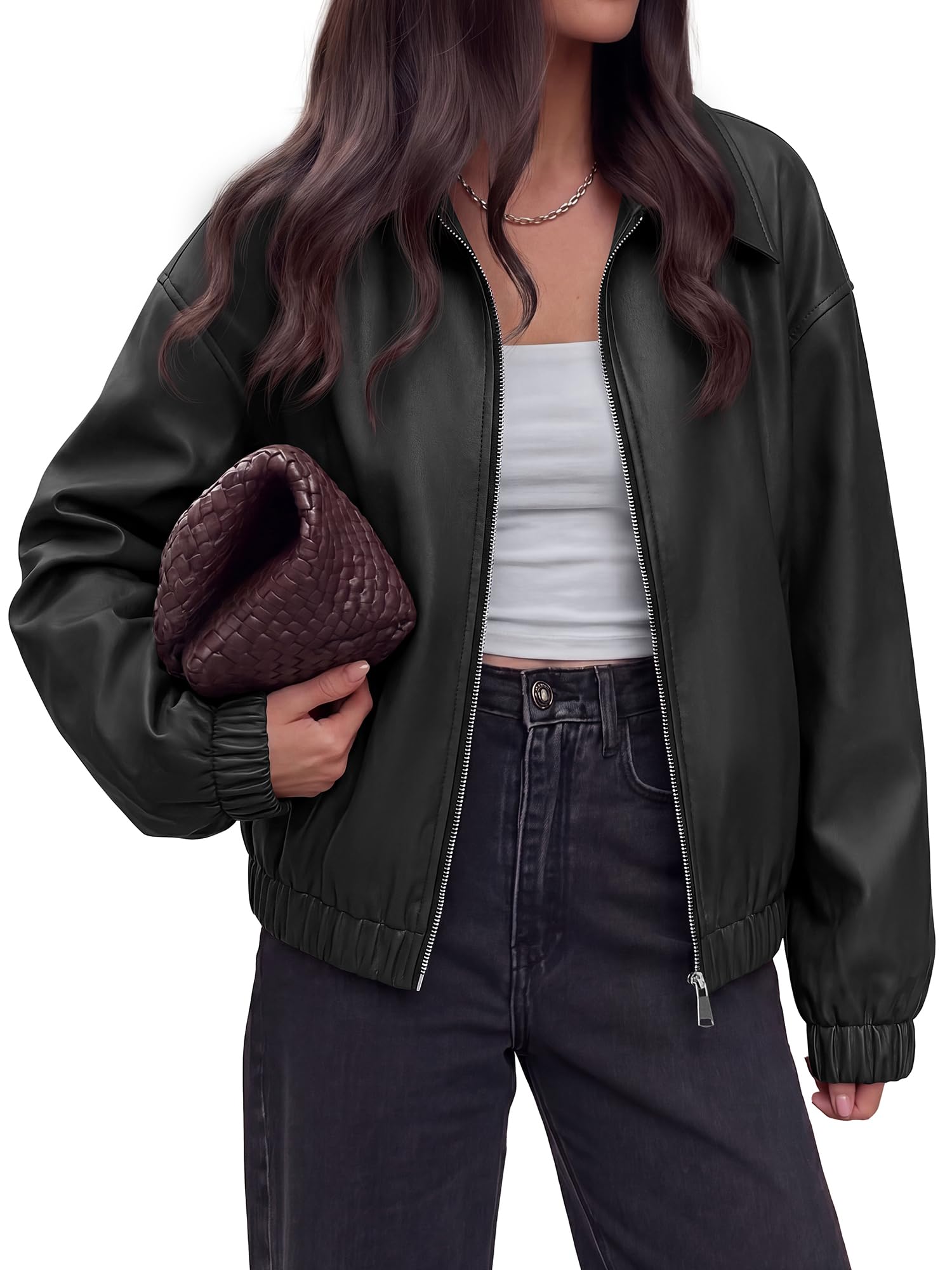 KIRUNDO Fall Faux Leather Jacket Women Oversized Zip Up Bomber Coats