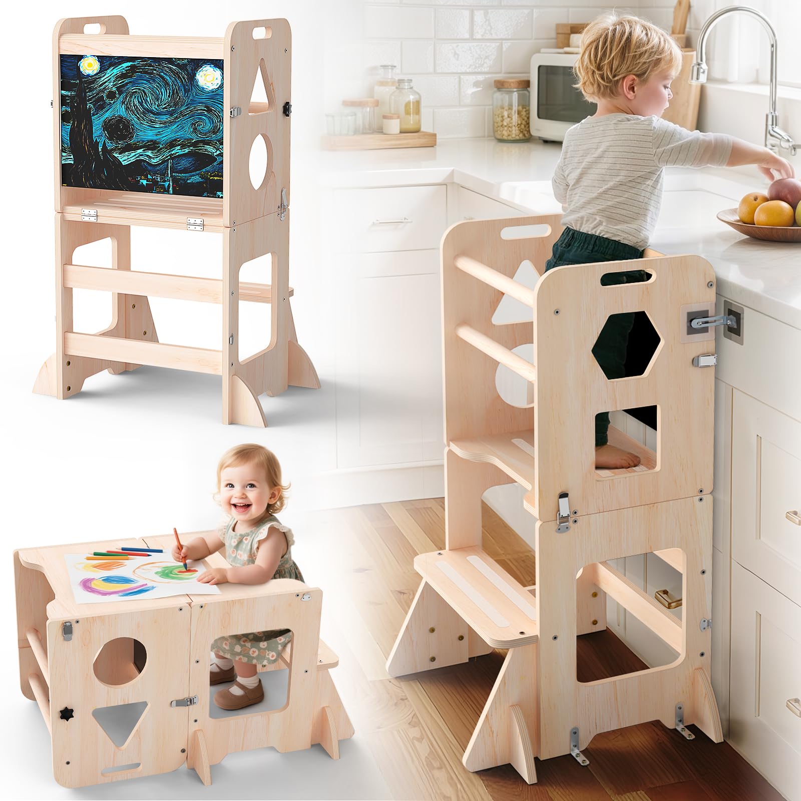 Photo 1 of Toddler Standing Tower with Anti-Fall Buckle, 4-in-1 Anti-Slip Toddler Kitchen Step Stool with Blackboard, Foldable Wooden Kitchen Stool Helper for Kids, 1-3 Year Old Boy Girl Gifts