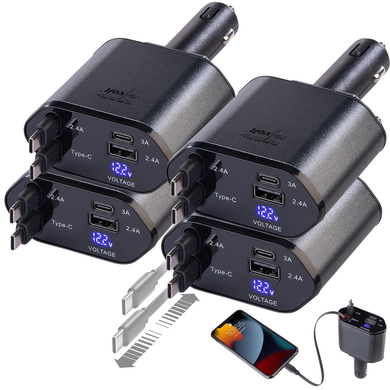 revolt Kfz-Handy-Ladegerät: 4er-Set 4in1-Kfz-USB-Ladegerät, USB-C/A, 2 USB-C-Kabel, 66 Watt (Adapter Zigarettenanzünder, Ladebuchsen Zigarettenanzünder)