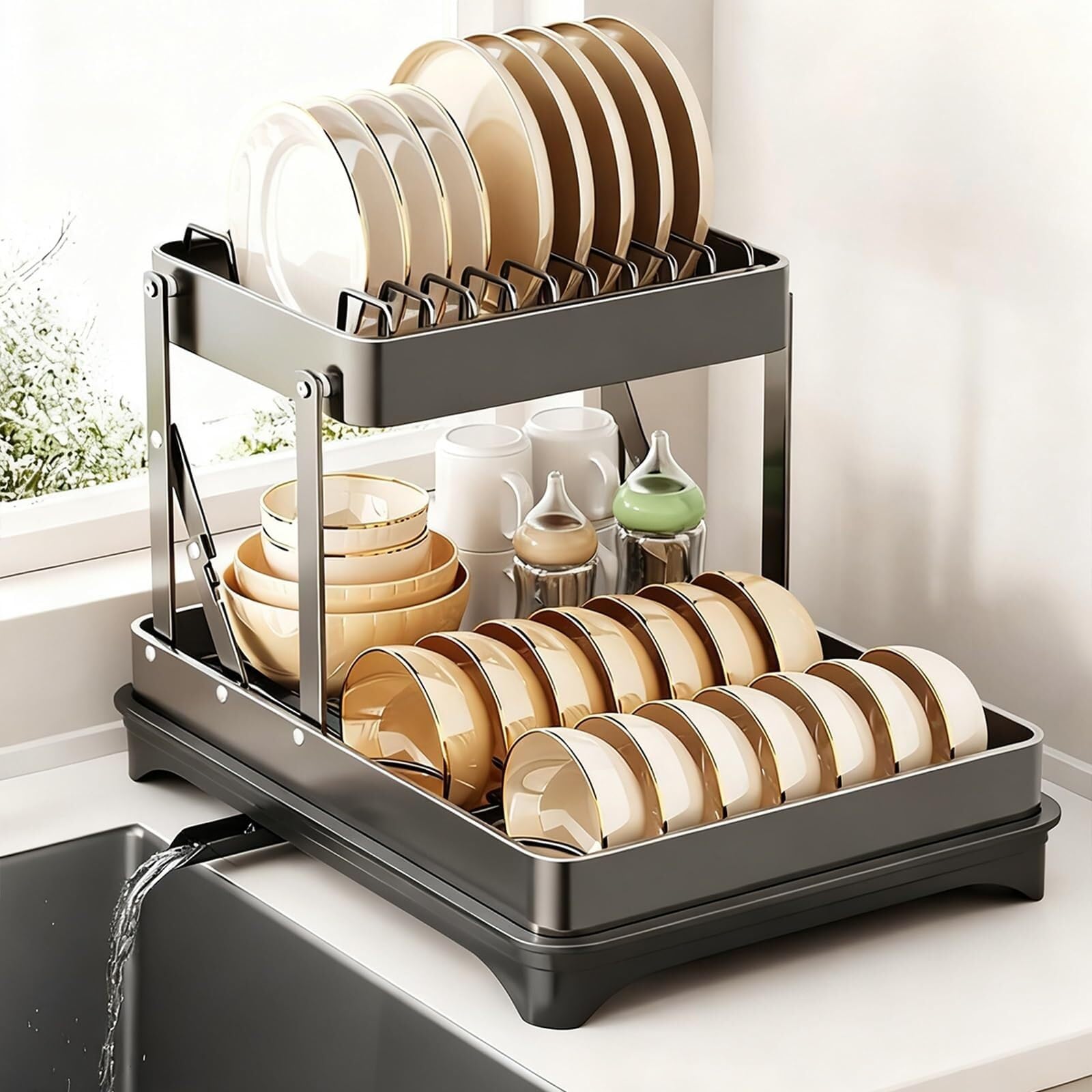 Lkvent dish drainer 2-Tier Dish Drying Rack Stainless Steel Dish Rack with Cutlery & Utensil Holders for Kitchen Counter drying(Gray,Rack)