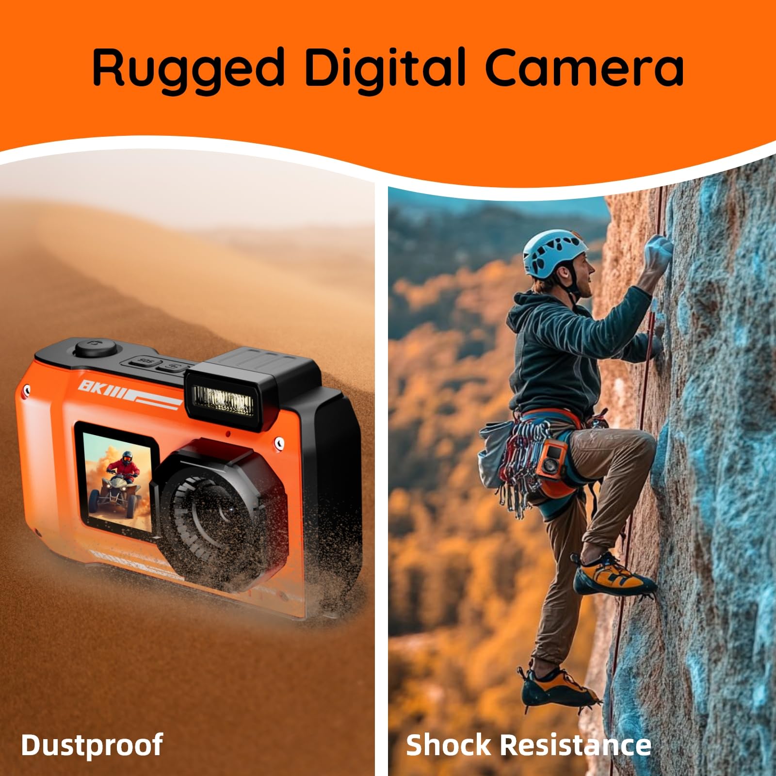 MaxMango Digitalkamera, 8K & 33FT Unterwasserkamera mit 64GB, 2.8'' Doppelte Bildschirme Selfie wasserdichte Staubdichte stoßfest Kompakte für Kinder Teenager Anfänger Erwachsene(Orange)