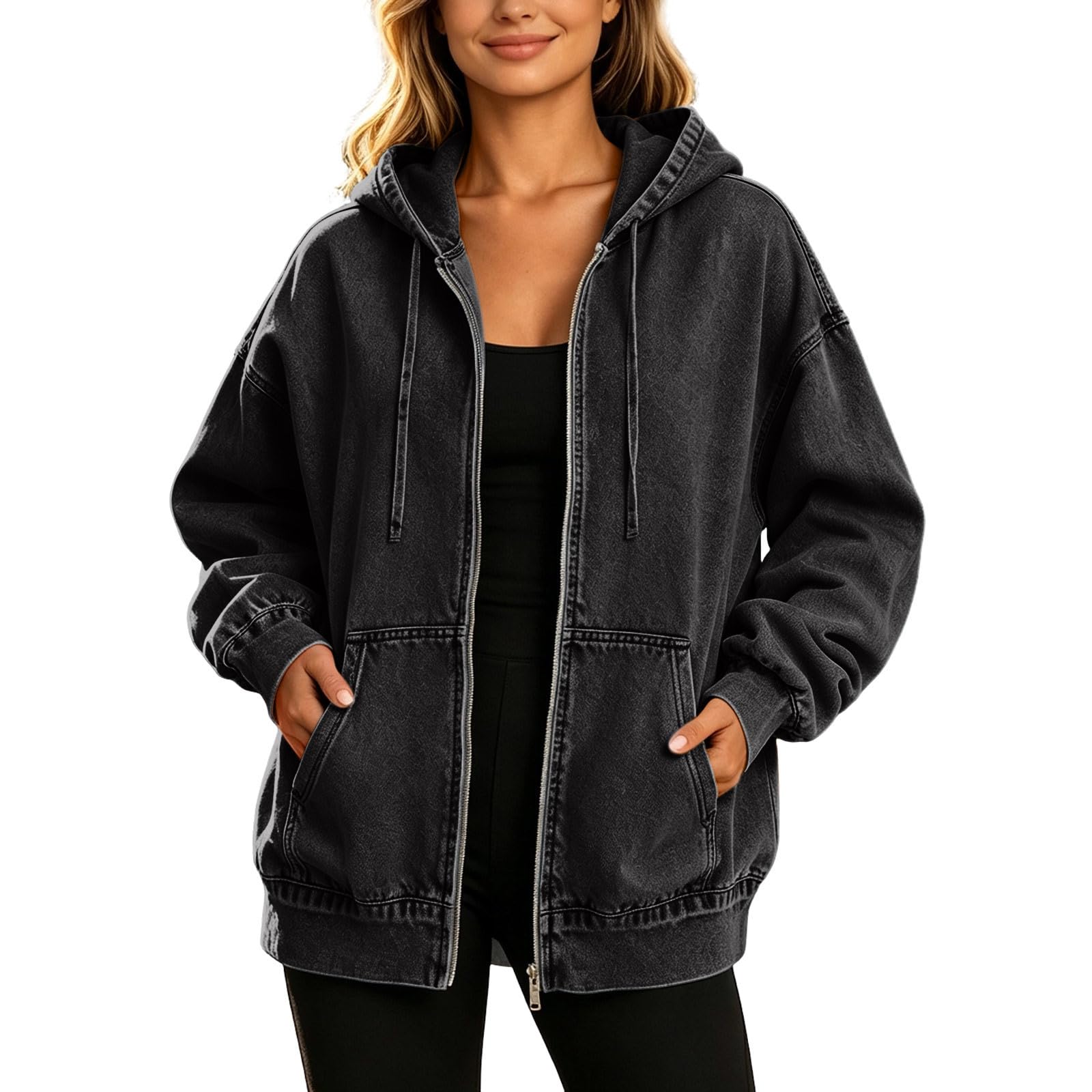 Giacche di jeans da donna vintage oversize con zip con cappuccio cappotto di jeans da donna primavera autunno casual felpe con cappuccio larghe leggere giacca da camionista per il tempo libero