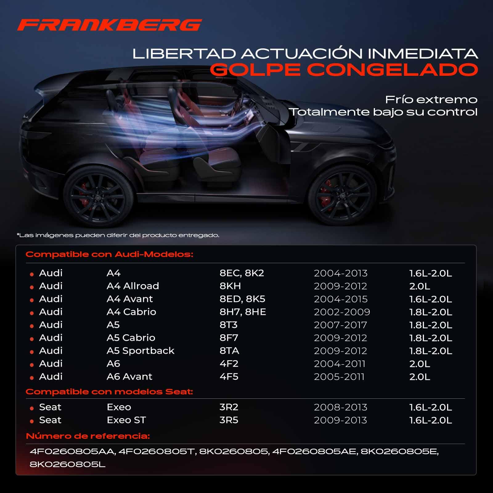 Frankberg Compresor de aire acondicionado con embrague Compatible con A4 8EC B7 8K2 B8 8KH B8 8ED B7 8K5 B8 8H7 8HE Exeo 3R2 3R5 A6 4F2 C6 4F5 C6 A5 8T3 8F7 8TA 4F0260805AAincl. aceite premezclado