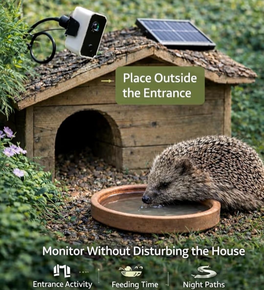 Hedgehog Feeder Camera WiFi 4MP HD - Stazione di alimentazione per riccio per la fauna selvatica del giardino, telecamera WiFi ad energia solare con app Live View, visione notturna, avvisi di